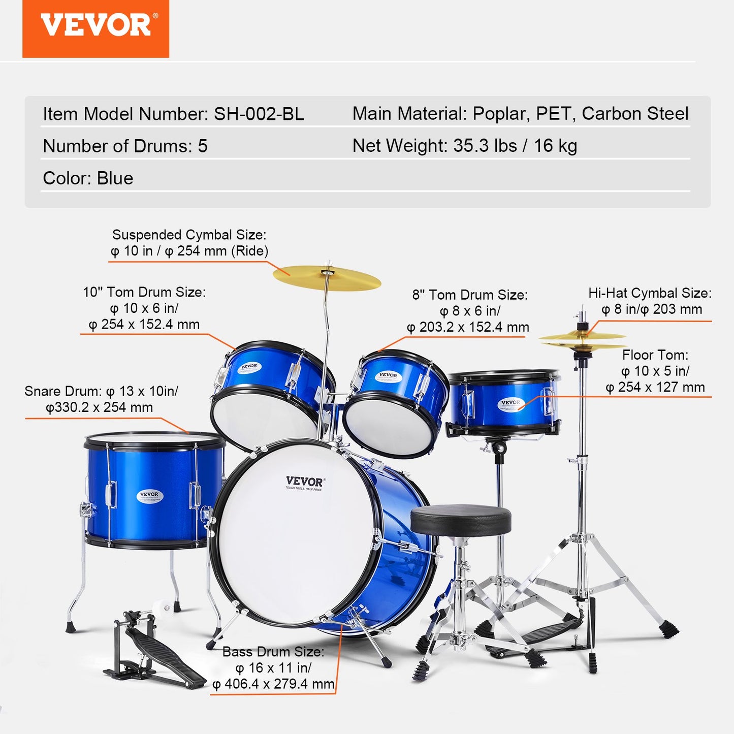 Barntrumset, 5-delars, 16-tums komplett trumset för nybörjare med baspukor, virveltrumma, golvtrumma, justerbar troncymbal, hi-hat-pedal och två par trumstockar, nybörjartrumset för barn, blått