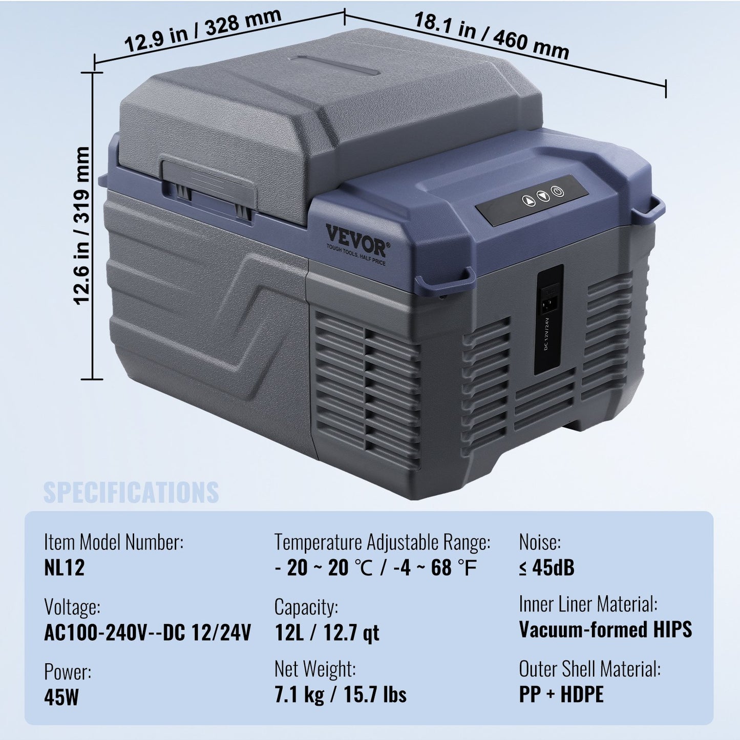 Bilkylskåp, 12 volts bilkylskåp, 12 l bärbar frys med en zon, justerbart temperaturområde -4℉-68℉, 12/24V DC och 100-240V AC kompressorkylare för utomhusbruk, camping, husbil