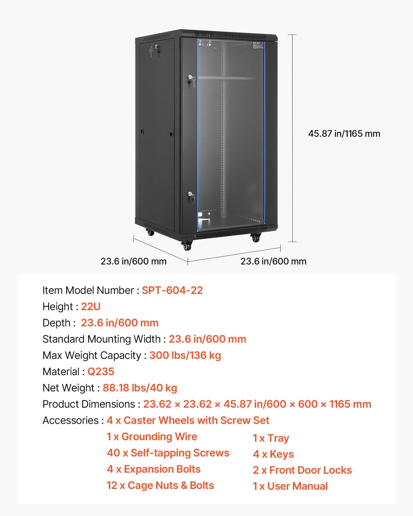 22U nätverksskåp väggmonterat, 600 mm djup, 136 kg max lastkapacitet serverskåp rackhölje med låsbar härdad glasdörr, sidopaneler, serverrack för IT-utrustning, A/V-enheter