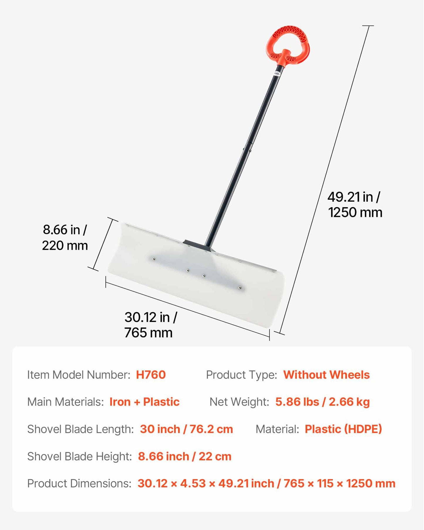Snöskottare, 76,2 cm snöplogsskyffel för utomhusbruk med ergonomiskt grepp, HDPE-plastblad, vinterskyfflar med segmenterat handtag, metallkantlist, bärbart snöröjningsverktyg för uppfart