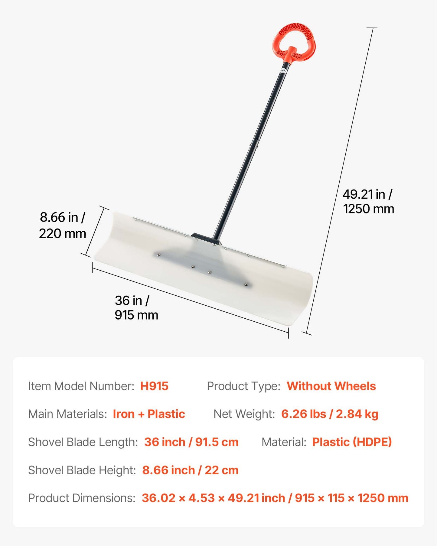 Snöskottare, 91,5 cm snöplogsskyffel för utomhusbruk med ergonomiskt grepp, HDPE-plastblad, vinterskyfflar med segmenterat handtag, metallkantlist, bärbart snöröjningsverktyg för uppfart, trädgård