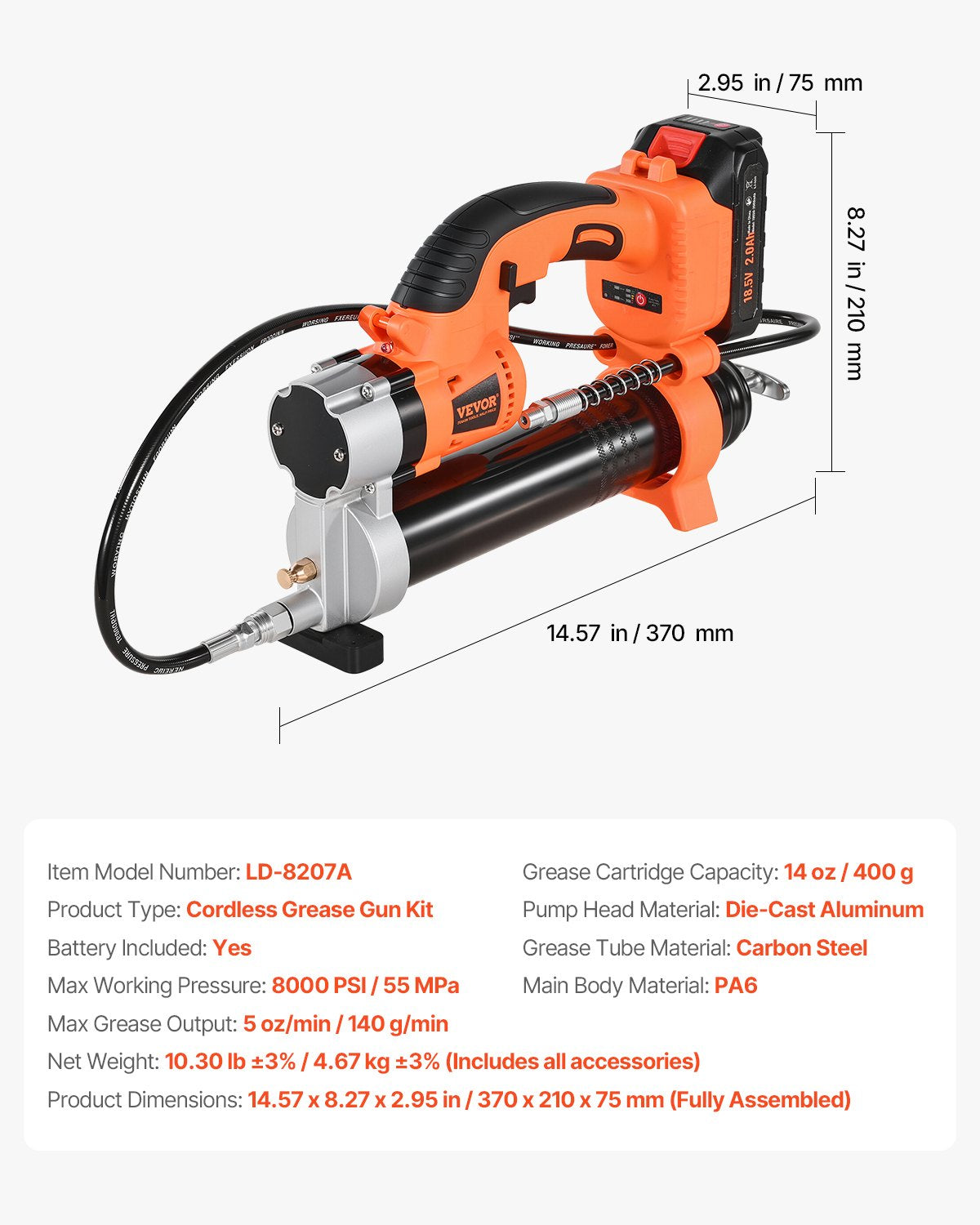Sladdlös fettspruta, 8000 PSI maxtryck, 20V elektrisk fettspruta med 2,0 Ah batteri och LED-lampa, 30-tums slang och bärväska, variabel hastighetsbrytare, smörjning av fordon eller maskiner