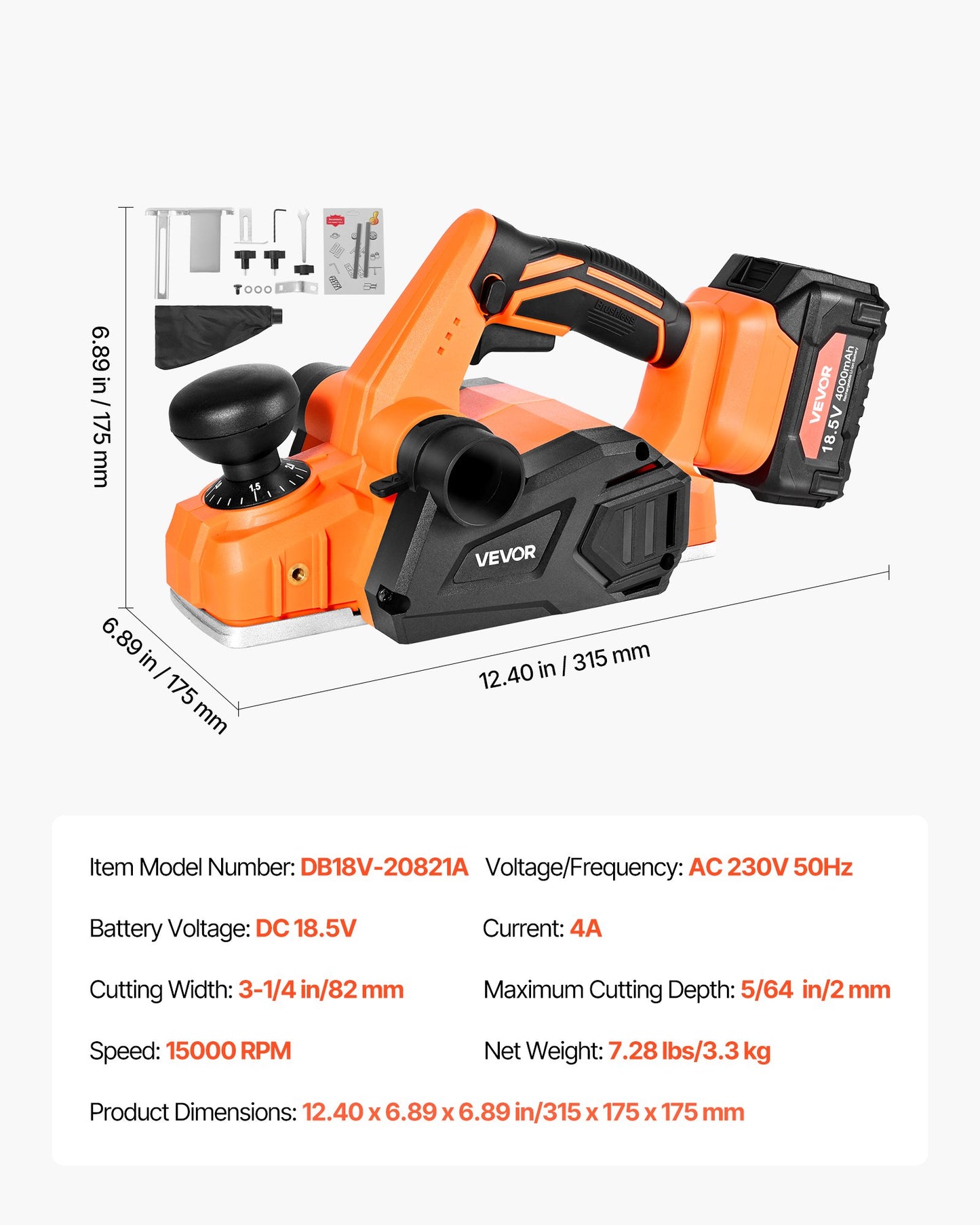 Cordless Handheld Planer, 82 mm Cut Width, 15000 RPM Electric Hand Wood Planer with 4 Ah 18V Lithium Battery, Brushless Motor, Adjustable Cut Depth, Dust Collection Bag, for Woodworking