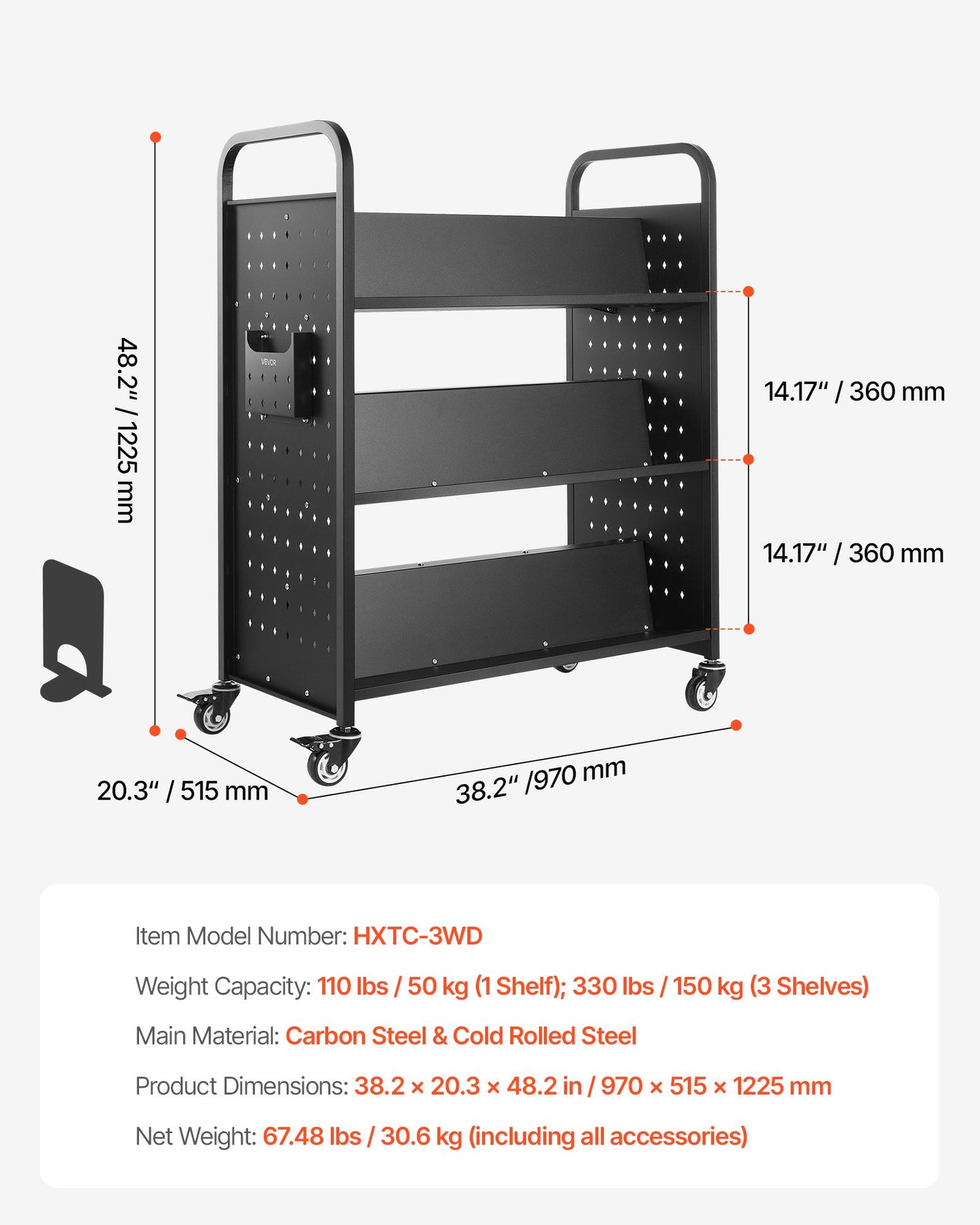 Rullande biblioteksbokvagn, 150 kg kapacitet, 97 x 51,5 x 122,5 cm biblioteksvagn, dubbelsidiga W-formade hyllor med 76,2 mm låsbara hjul, bokvagn för hemhyllor, kontor och skola, svart