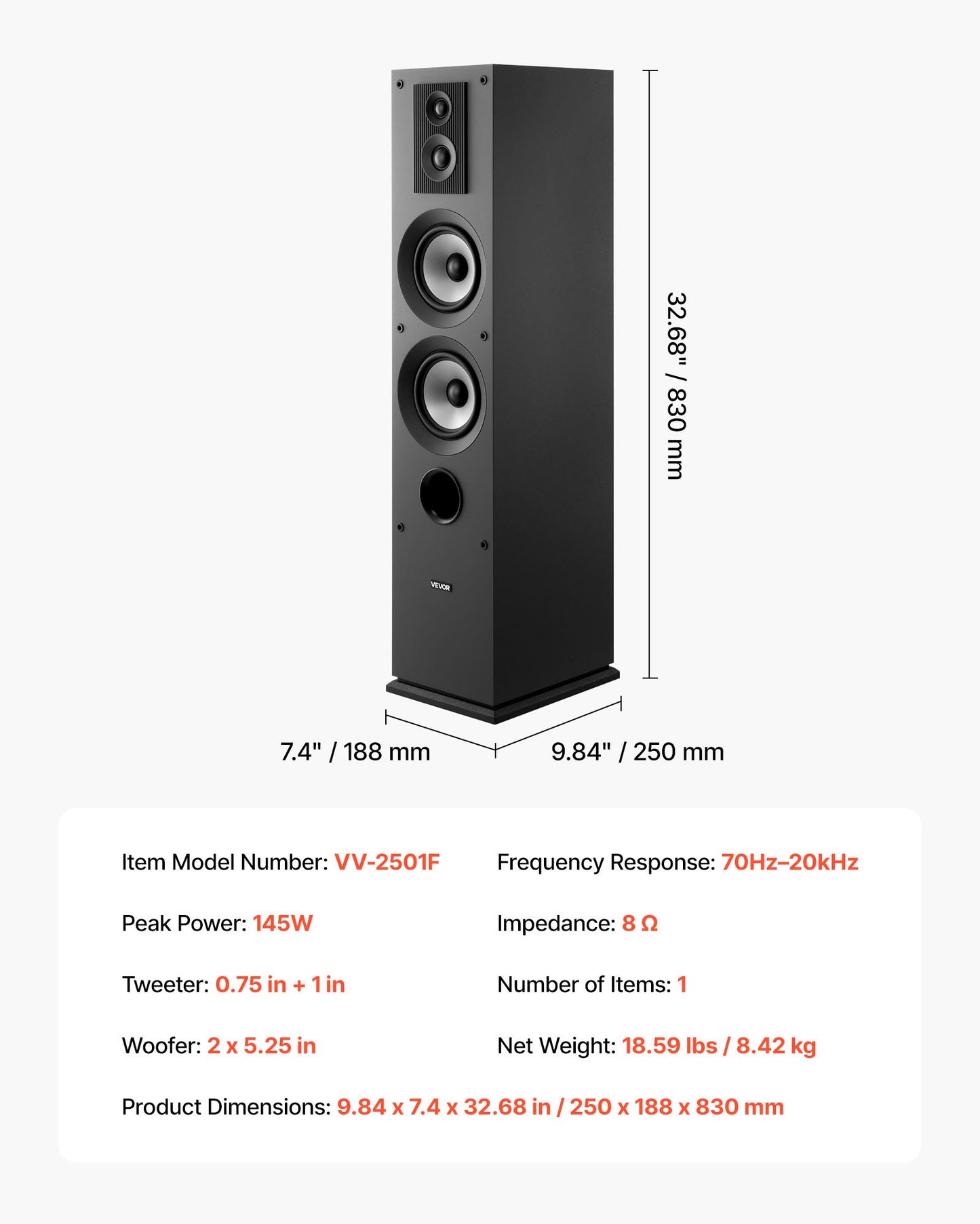 Passive Floorstanding Speaker, 3-Way, Floor-Standing Tower Speaker with 19.05 mm&25.4 mm Tweeter, Dual 133.35 mm Woofers, 145W Peak, 70Hz–20kHz Frequency Response, MDF Enclosure, for Home Audio, Single