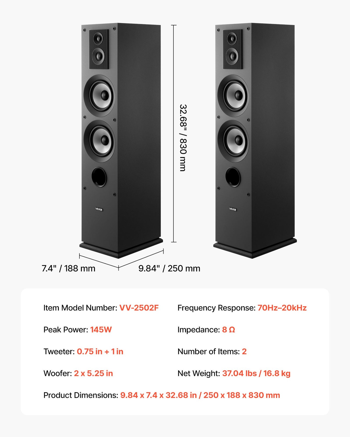 Passiva golvhögtalare i par, 3-vägs golvhögtalare, 19,05 mm och 25,4 mm diskant, dubbla 133,35 mm bashögtalare, 145 W toppeffekt, frekvensgång 70 Hz–20 kHz, MDF-hölje, för hemmaljud