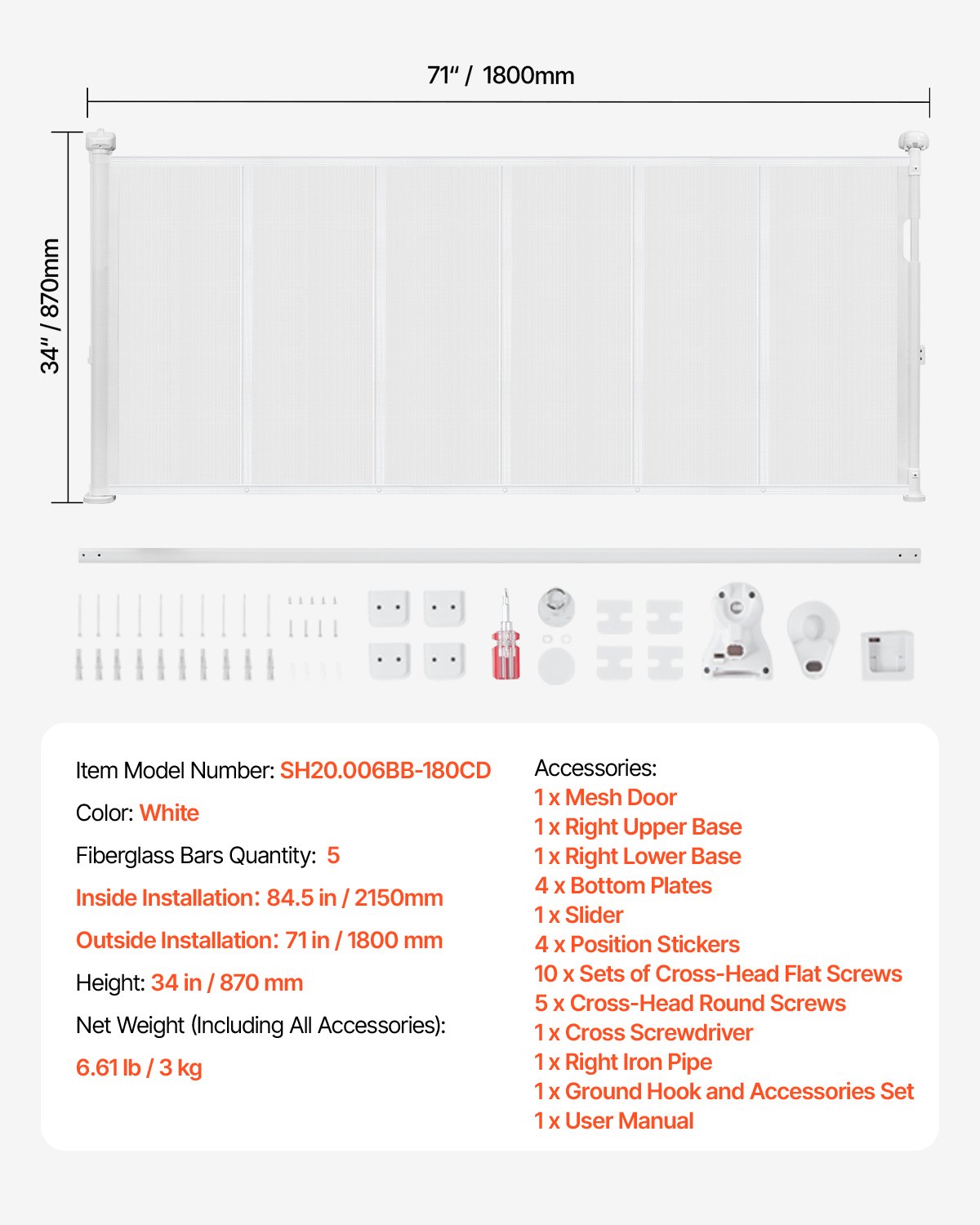 Infällbar barngrind, 870 mm hög, kan förlängas upp till 1800 mm bred, infällbar grind för barn eller husdjur, nätmaterial, enkel att installera för inomhustrappor, dörröppningar, hallar, lekrum, vit