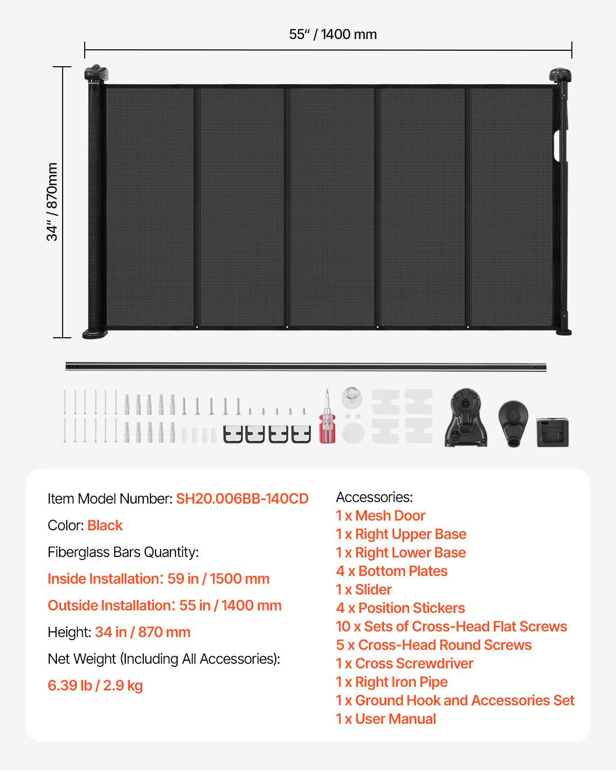 Infällbar barngrind, 870 mm hög, kan förlängas upp till 1400 mm bred, infällbar grind för barn eller husdjur, nätmaterial, enkel att installera för inomhustrappor, dörröppningar, hallar, lekrum, svart