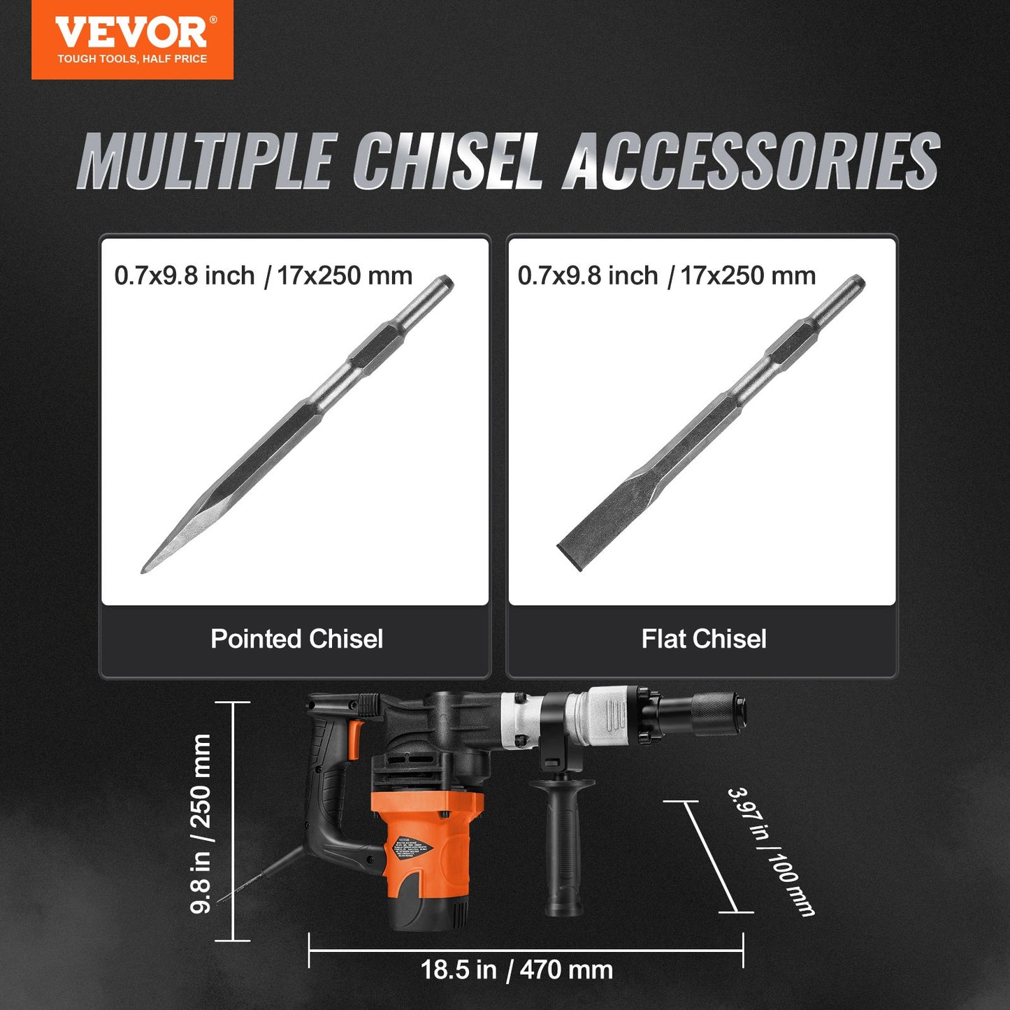 Rivningslyfthammare Betongbrytare 1600W Elektrisk Hammare 2 Mejselbitar