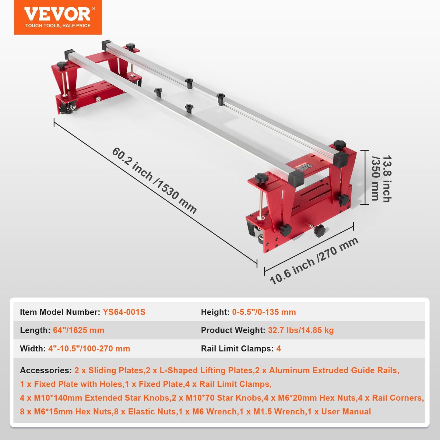 Router Sled, 64 inches/162.6 cm, Portable and Easy to Adjust Slab Flattening Jig, DIY Woodworking Router Sled for Flattening Slabs, Slab Guide Jig Trimming Planing Machine for Wood Flattening, Home DIY