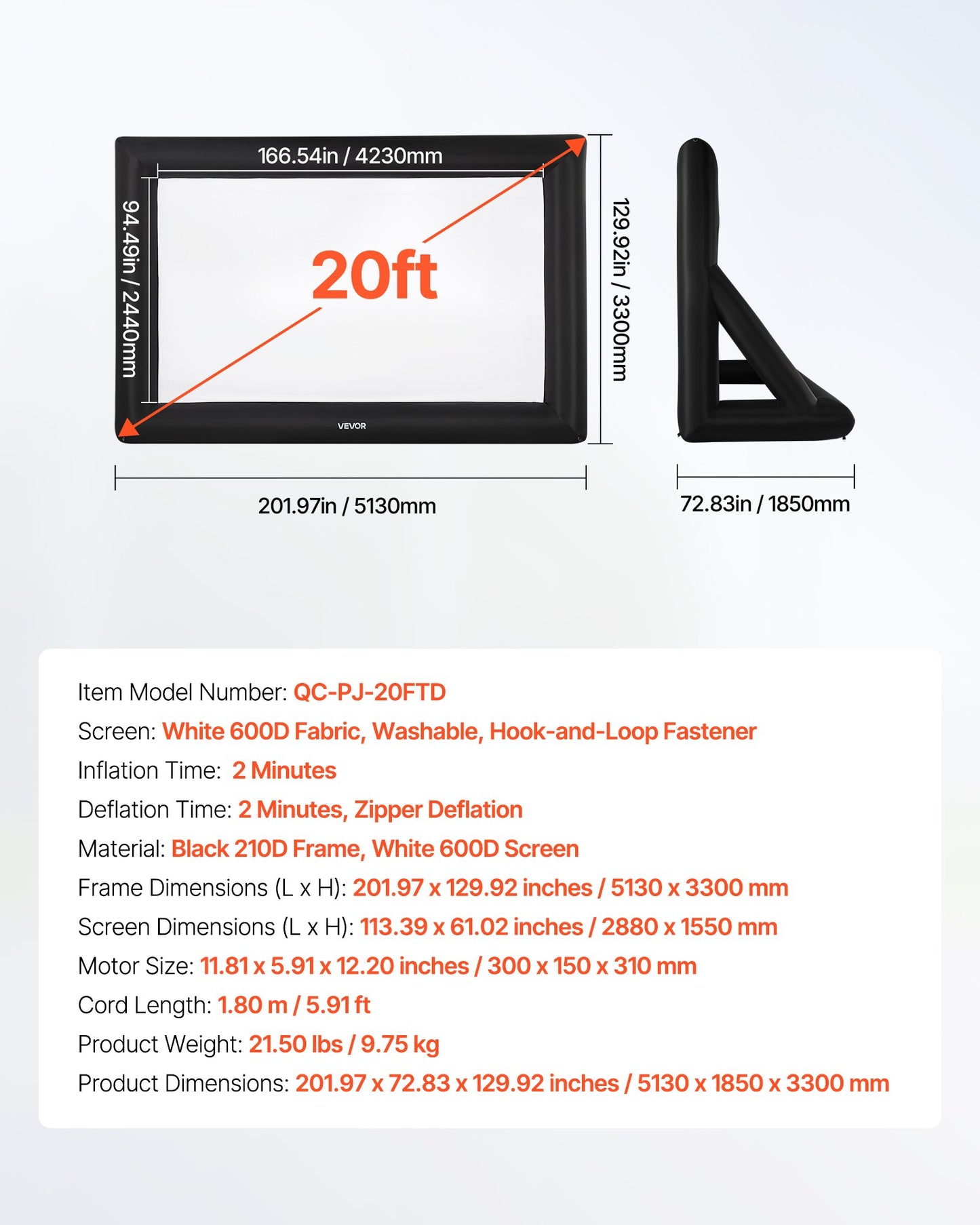 6 meter uppblåsbar filmduk, tvättbar uppblåsbar projektionsduk i 600D med bärbar förvaringsväska, enkel installation 16:9 filmprojektor för utomhusbruk, hemmabio, temafest, poolkul