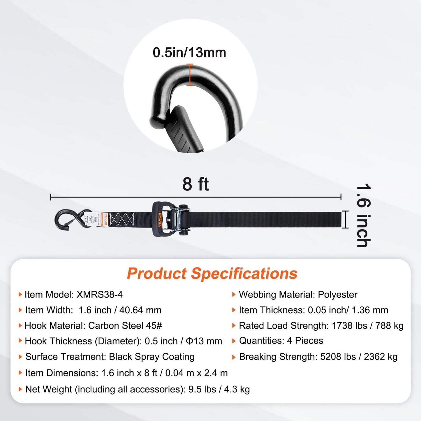Spärrband (4-pack), max brottstyrka 5208 lb, inkluderar 4 premium 1,6" x 8' spärrband med vadderade handtag, för förflyttning av last, apparater, trädgårdsutrustning, motorcykel