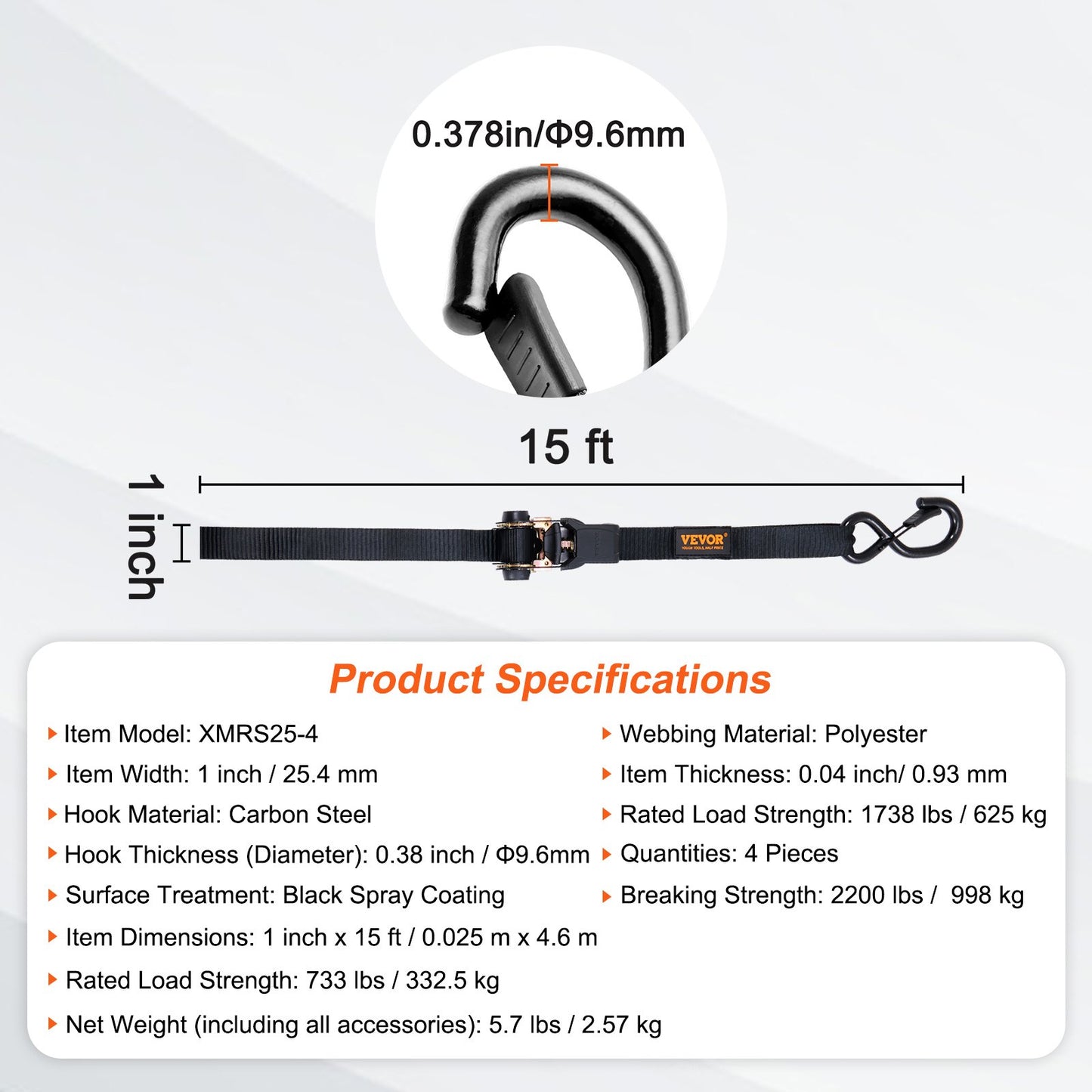 Spärrband (4-pack), max brottstyrka 900 kg, inkluderar 4 premium 2,5 cm x 4,5 m spärrband med vadderade handtag, för förflyttning av last, apparater, trädgårdsutrustning, motorcykel