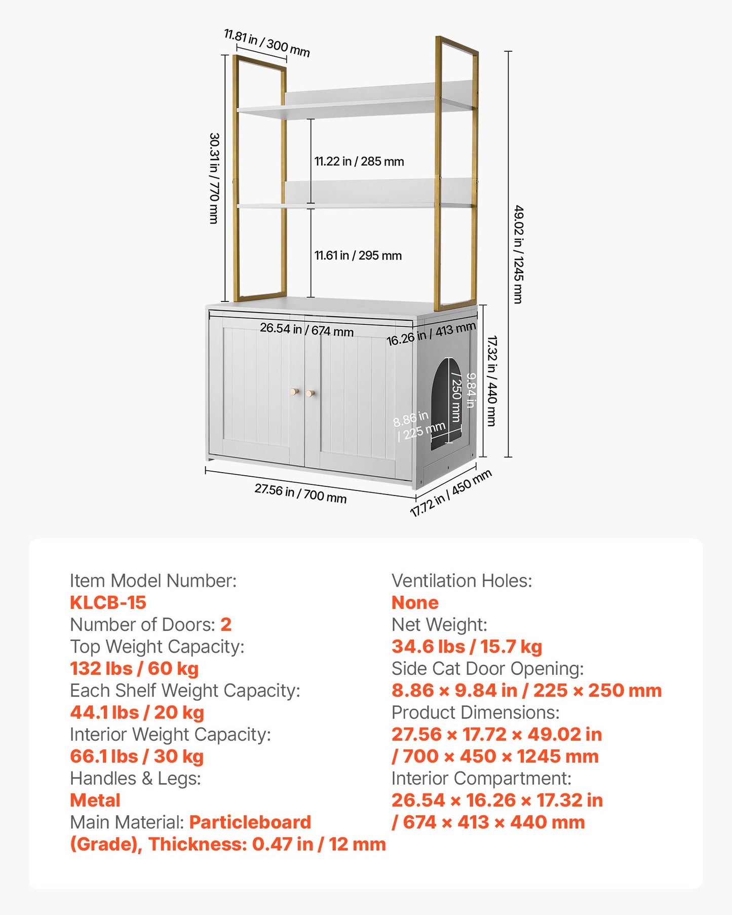 Kattlåda, 70 cm dold kattlåda med metallben och förvaringshyllor i två nivåer, vattentät katttoalett, passar de flesta delar av kattlådan, för vardagsrum