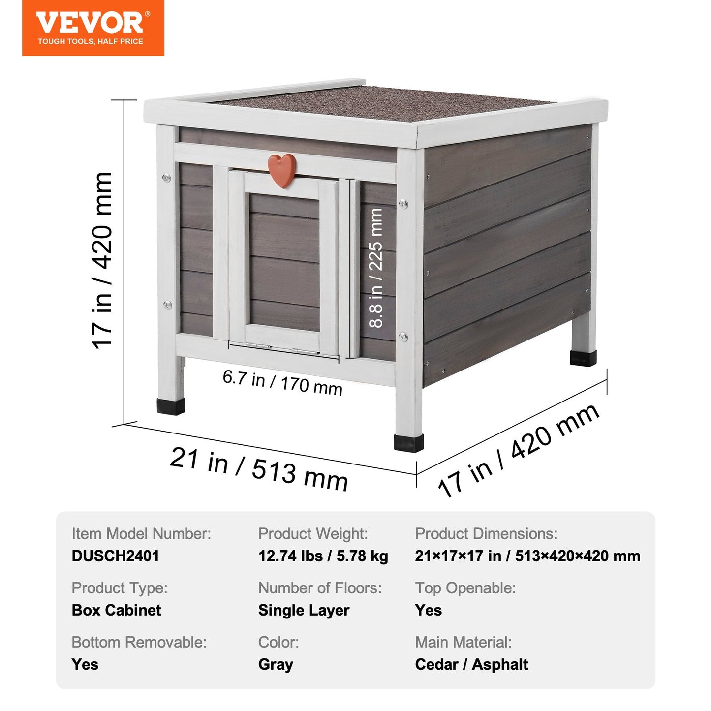 Väderbeständigt katthus för utomhusbruk, skydd för vilda katter, trähus för utomhusbruk för katt och kanin med PVC-dörrflikar och öppet tak, 54,5 cm L x 43,5 cm B x 43,5 cm H