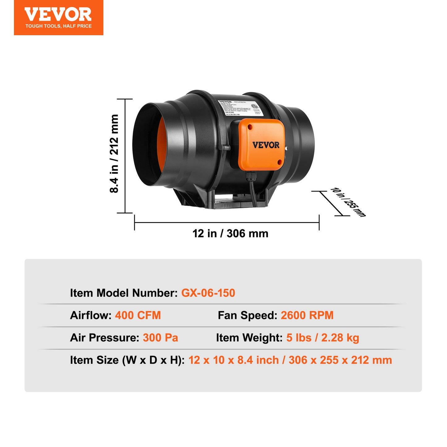 Inline-kanalfläkt, 152,4 mm 323,7 CFM med variabel hastighetsregulator, tyst AC-motorventilationsfläkt för kylförstärkare, odlingstält, hydroponik