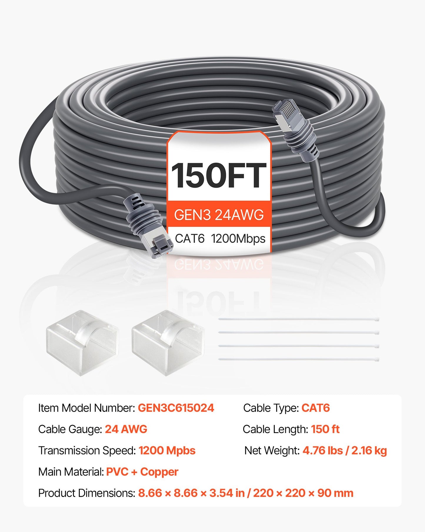 Starlink Gen 3-kabel 150 FT / 45,72 m förlängningskabel Standard generation 3 1200 Mps 24 AWG / 0,25 mm²