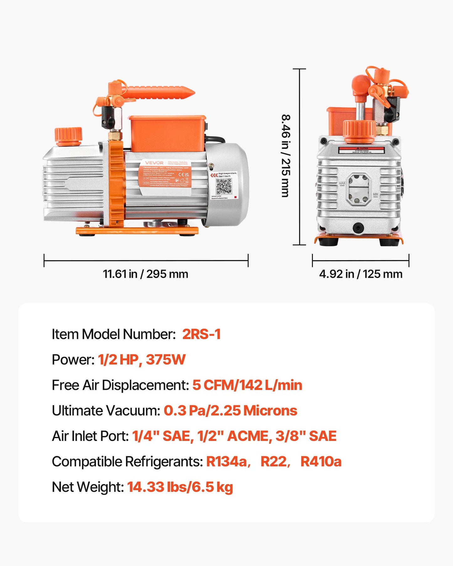 Vacuum Pump, 5 CFM 142 L/min, HVAC Two Stage Rotary Vane AC Vacuum Pump, for R134a R22 R410a Systems, 4 Pole Motor, for Automotive Air Conditioner Maintenance Resin Degassing, Oil Included
