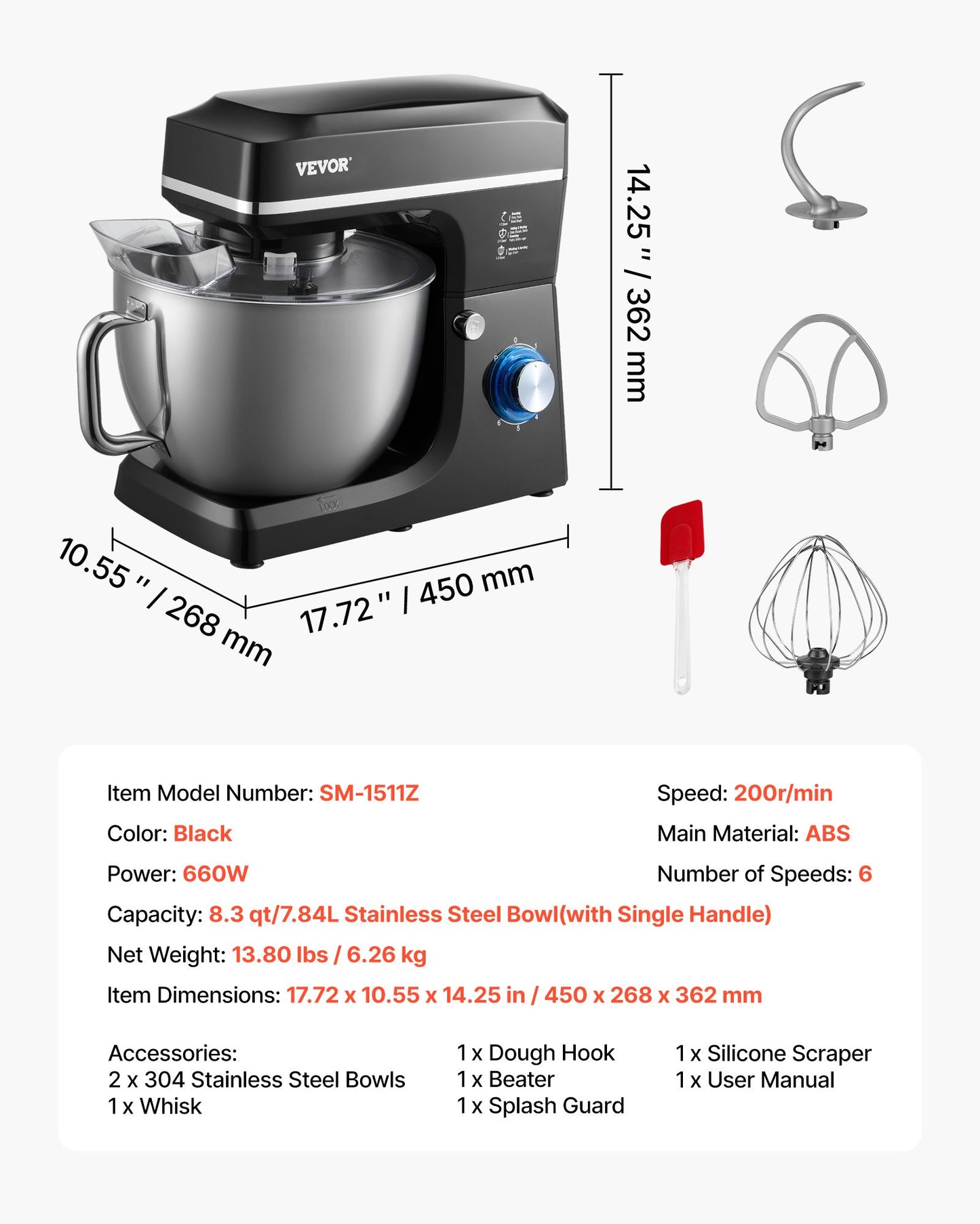 Köksmaskin, 8,3 liter degmixer, 1400 W, 6+ hastigheter, tiltbart huvud, skål i rostfritt stål, degkrok, visp, platt visp, skrapa, köksmaskin för bakning och mixning, svart