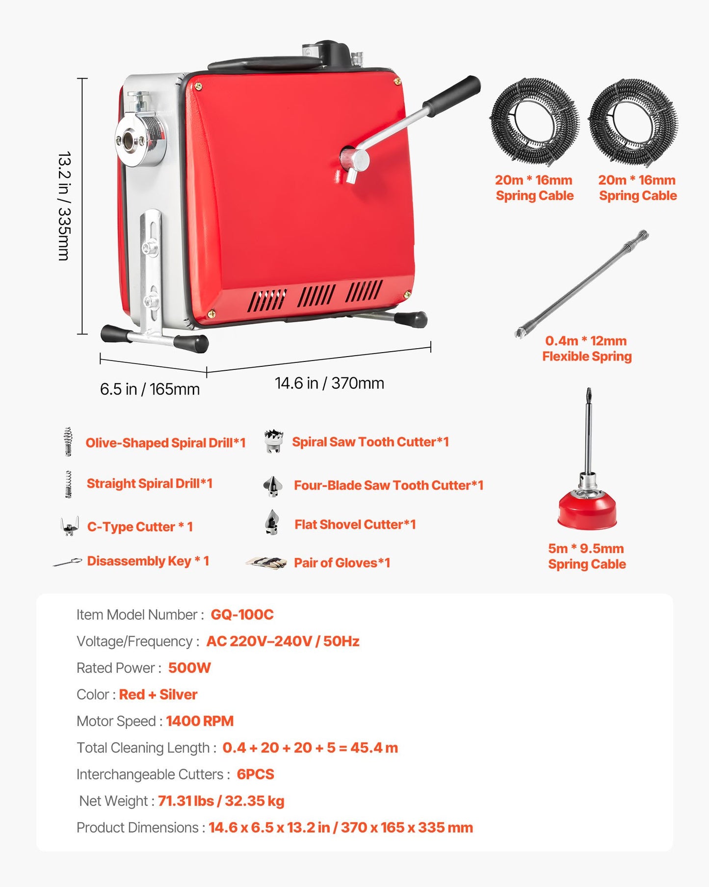 Avloppsrensningsmaskin, 500W 1400 RPM elektrisk rörrensningsmaskin för avlopp med 40m x 16mm, 5m x 9.5mm & 0.4m x 12mm stålfjädervajer och 6 avbitartänger, passar rör med 50-110 mm diameter