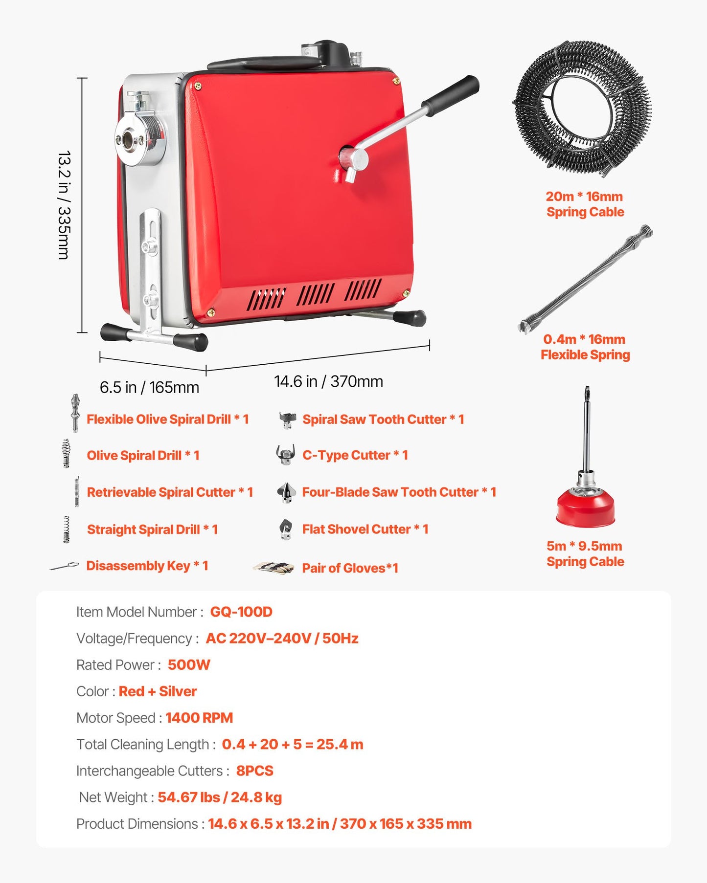 Avloppsrensningsmaskin, 500W 1400 RPM elektrisk rörrensningsmaskin för avlopp med slang med 20m x 16mm, 5m x 9.5mm och 0.4m x 16mm stålfjädervajer och 8 avbitartänger, passar rör med 50-110 mm diameter