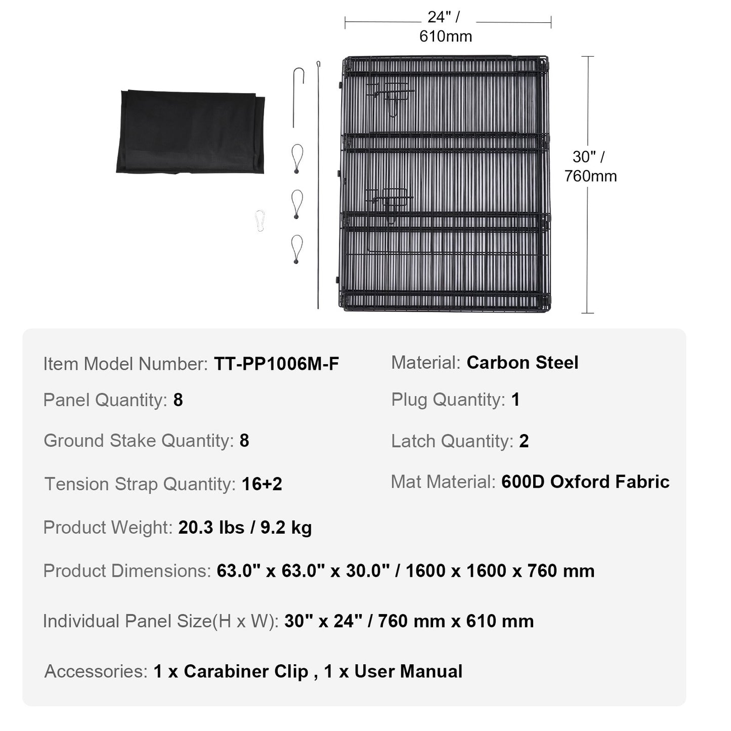 Hundhage, 8 st. 30"H x 24"B paneler vikbar metallträningspenna för husdjur, hundstaket för inomhus- och utomhusbruk med dörr, bottenplatta av 600D Oxfordtyg, lekhage för hundar, katter, andra smådjur