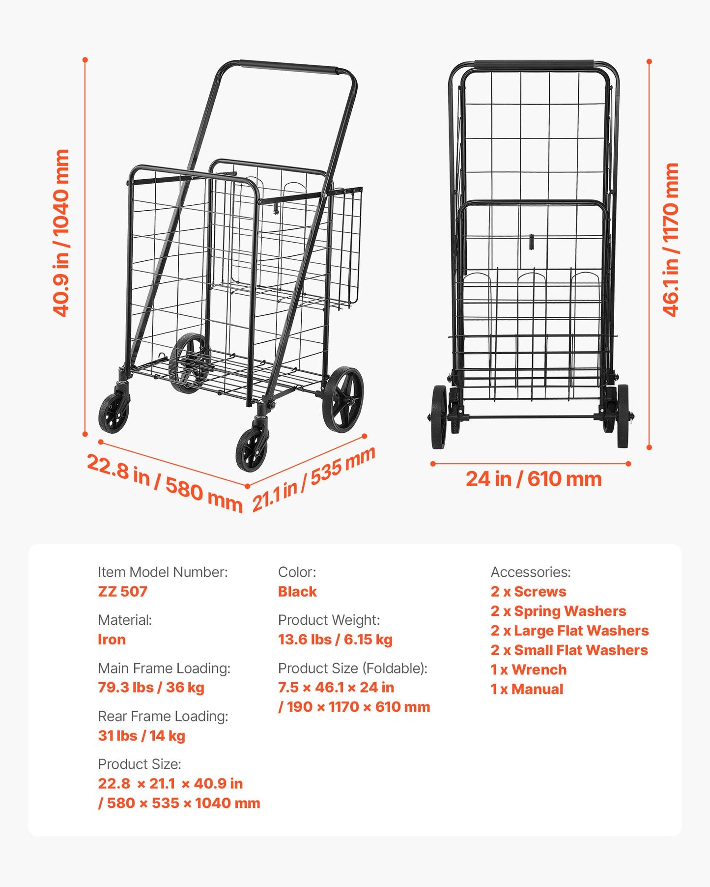 Hopfällbar kundvagn, jumbo matvagn med dubbla korgar, 360° svängbara hjul, kraftig verktygsvagn, 110 kg stor kapacitet för tvätt, shopping, matvaror, bagage