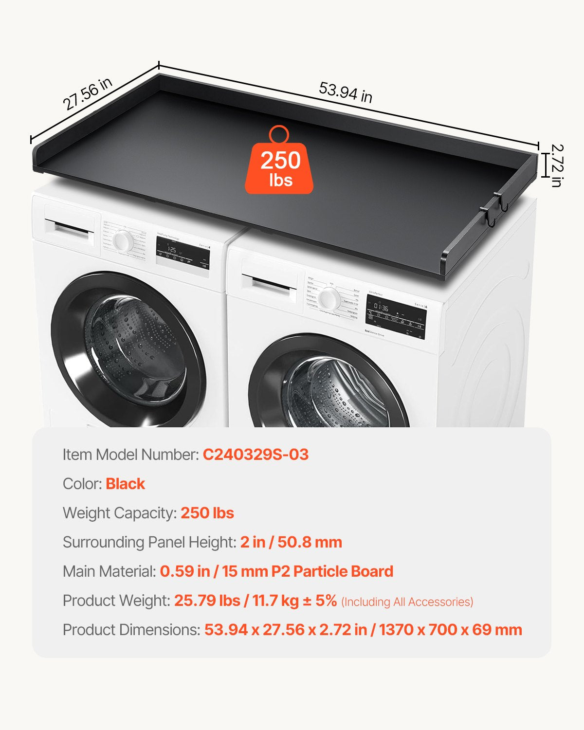 Bänkskiva för tvättmaskin/torktumlare, 136 x 61 cm bänkskiva i trä för tvättmaskin och torktumlare, vattentåligt tvättmaskinsöverdrag med halkfria dynor, för organisering och förvaring av tvättstugan, svart