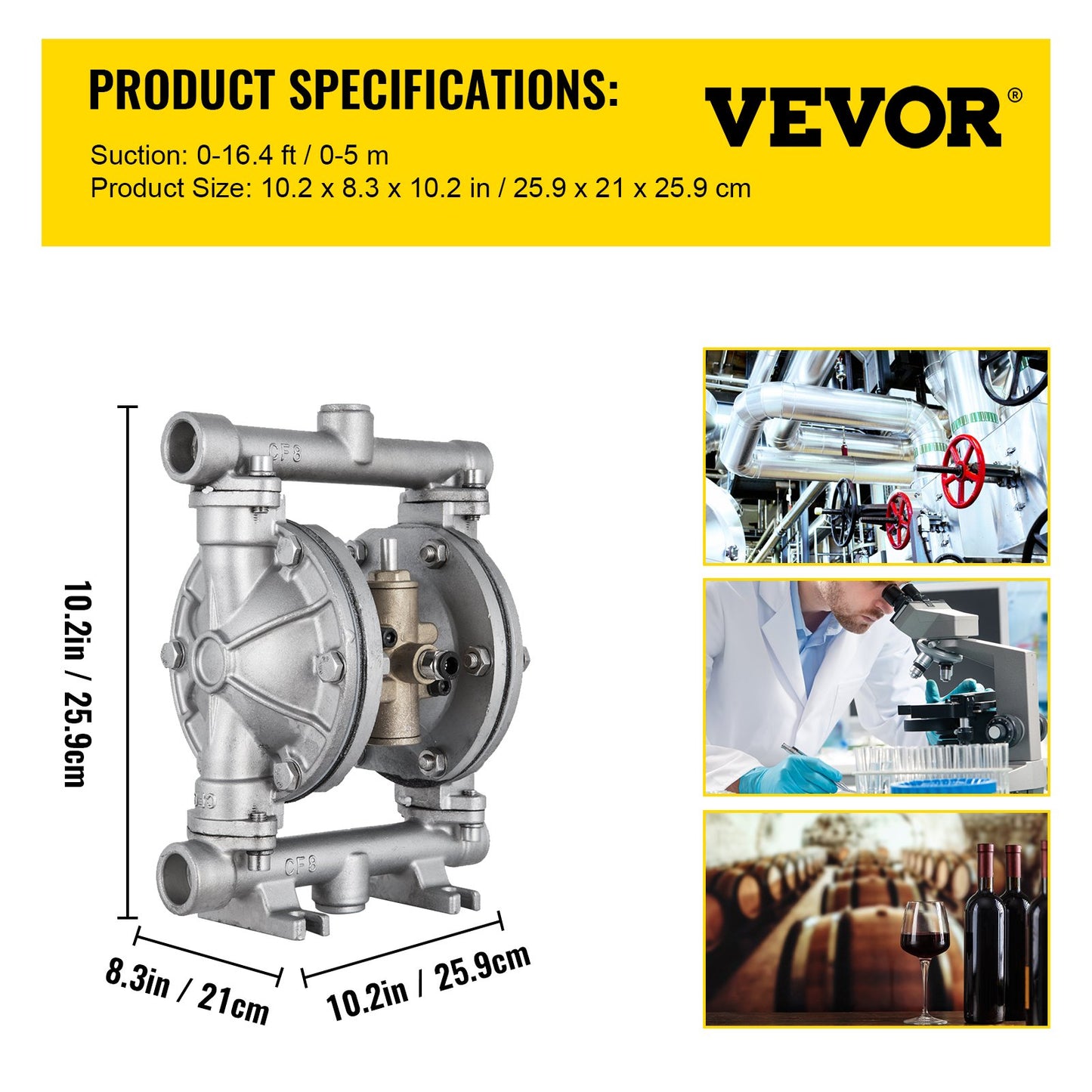 Luftdriven dubbelmembranpump, inlopp och utlopp, hus i rostfritt stål, 11,36 l/min, pneumatisk PTFE-membranöverföringspump för petroleum, diesel, olja och lågviskösa vätskor