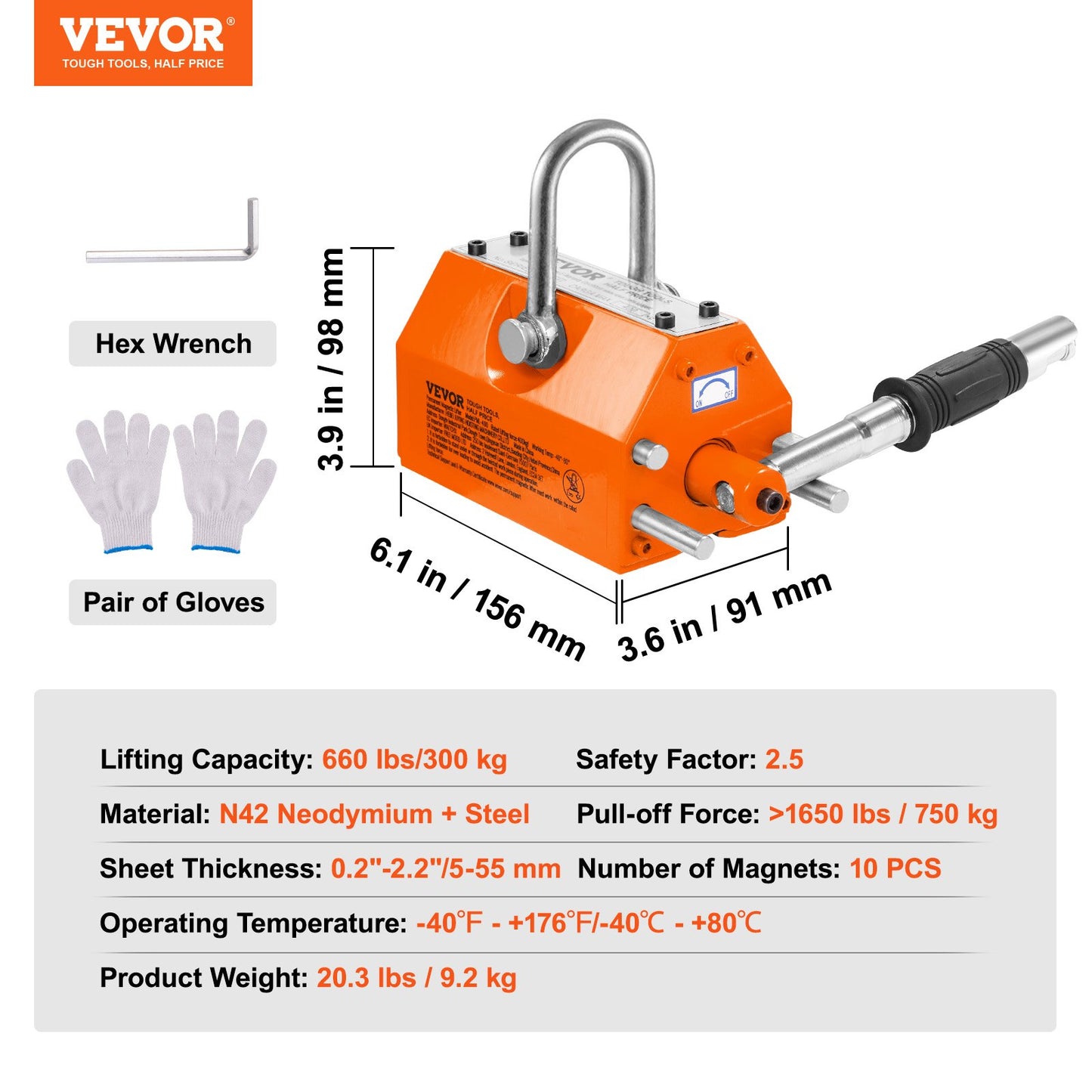 Magnetic Lifter, 660 lbs/300 kg Pulling Capacity, 2.5 Safety Factor, Neodymium & Steel, Lifting Magnet with Release, Permanent Lift Magnets, Heavy Duty Magnet for Hoist, Shop Crane, Block, Board