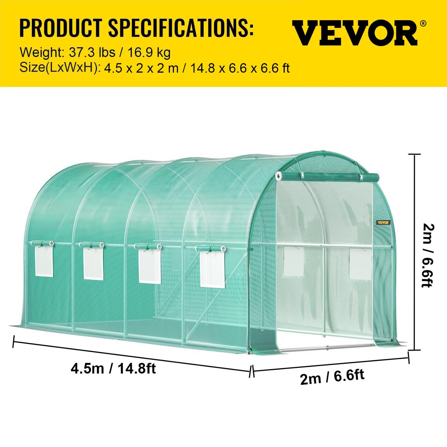 Tunnelväxthus med gångavstånd, 4,5 x 2 x 2 m / 15 x 7 x 7 fot, portabelt växthus med galvaniserade stålringar, 1 toppbalk, 2 diagonala stänger, 2 dörrar med dragkedja och 8 rullfönster, grönt
