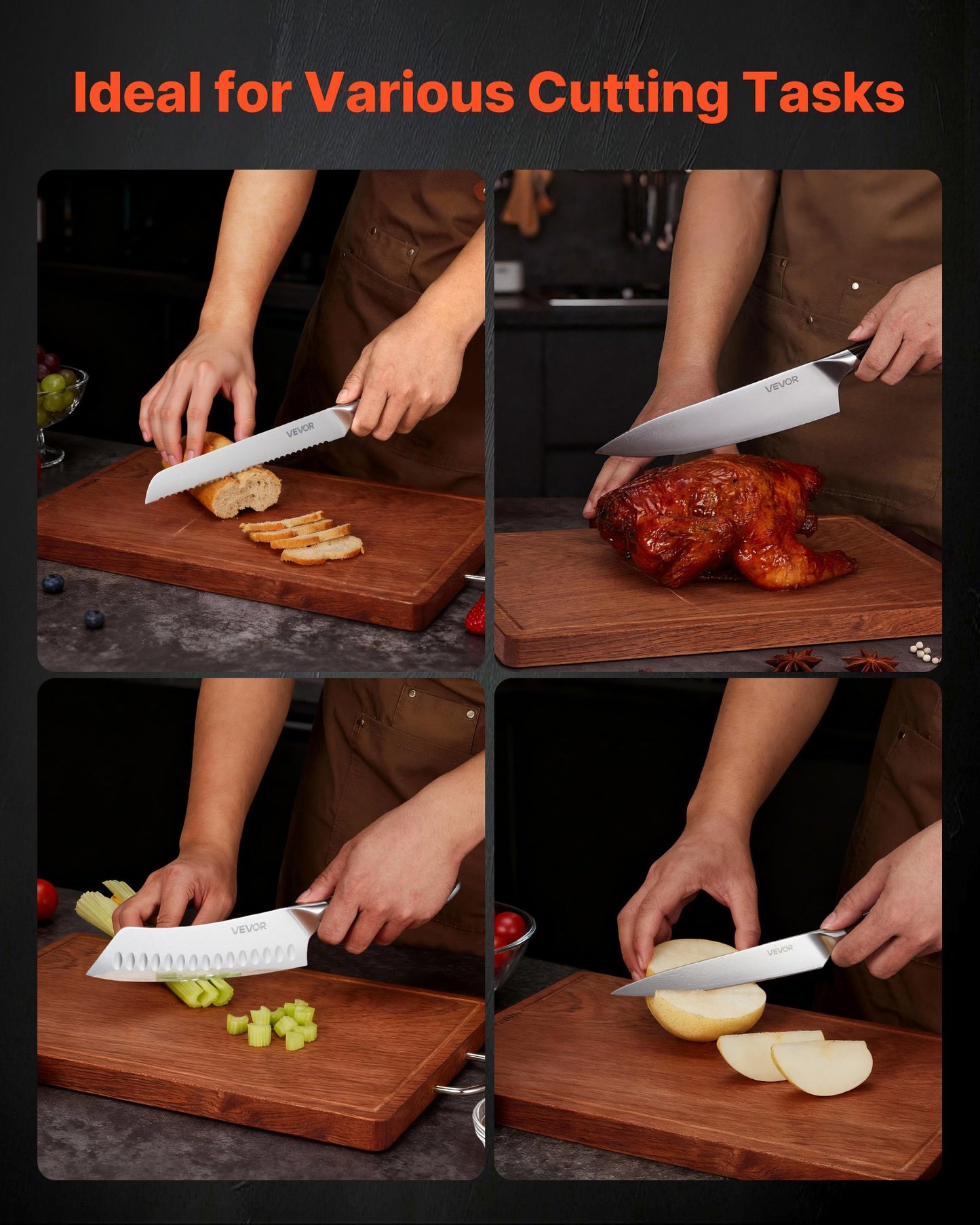 Kitchen Knife Set, 6 Piece High Carbon Stainless Steel Sharp Knife Set, Professional Kitchen Cutlery with Ergonomic Crack-Resistant Handle, and Walnut Finish Powerful Magnetic Knives Holder