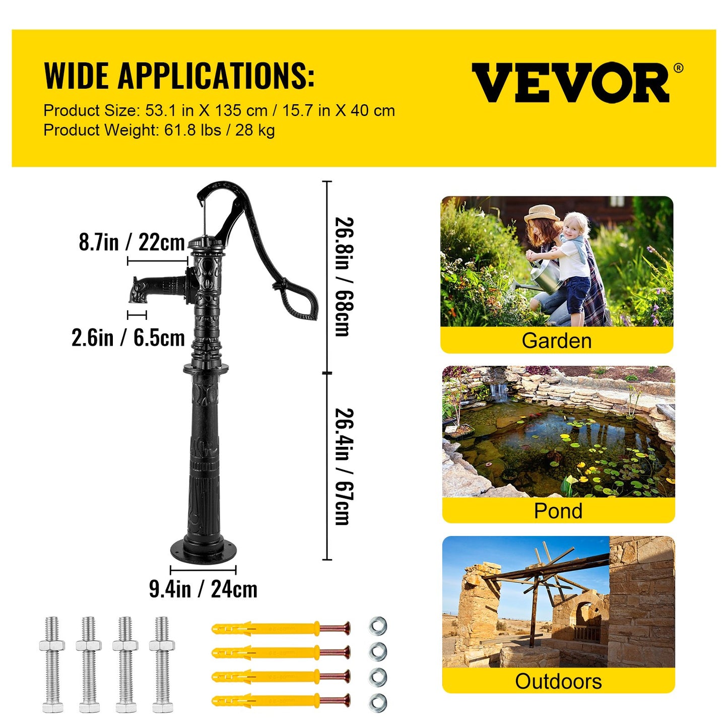 Hand Water Pump with Stand, 40 x 23.9 x 135 cm(15.7 x 9.4 x 53.1 inch) Pitcher Pump & 66 cm(26 inch) Pump Stand with Pre-set 12.7 mm(1/2") Holes for Easy Installation, Rustic Cast Iron Well Pump for Yard, Garden, Farm Irrigation,Black