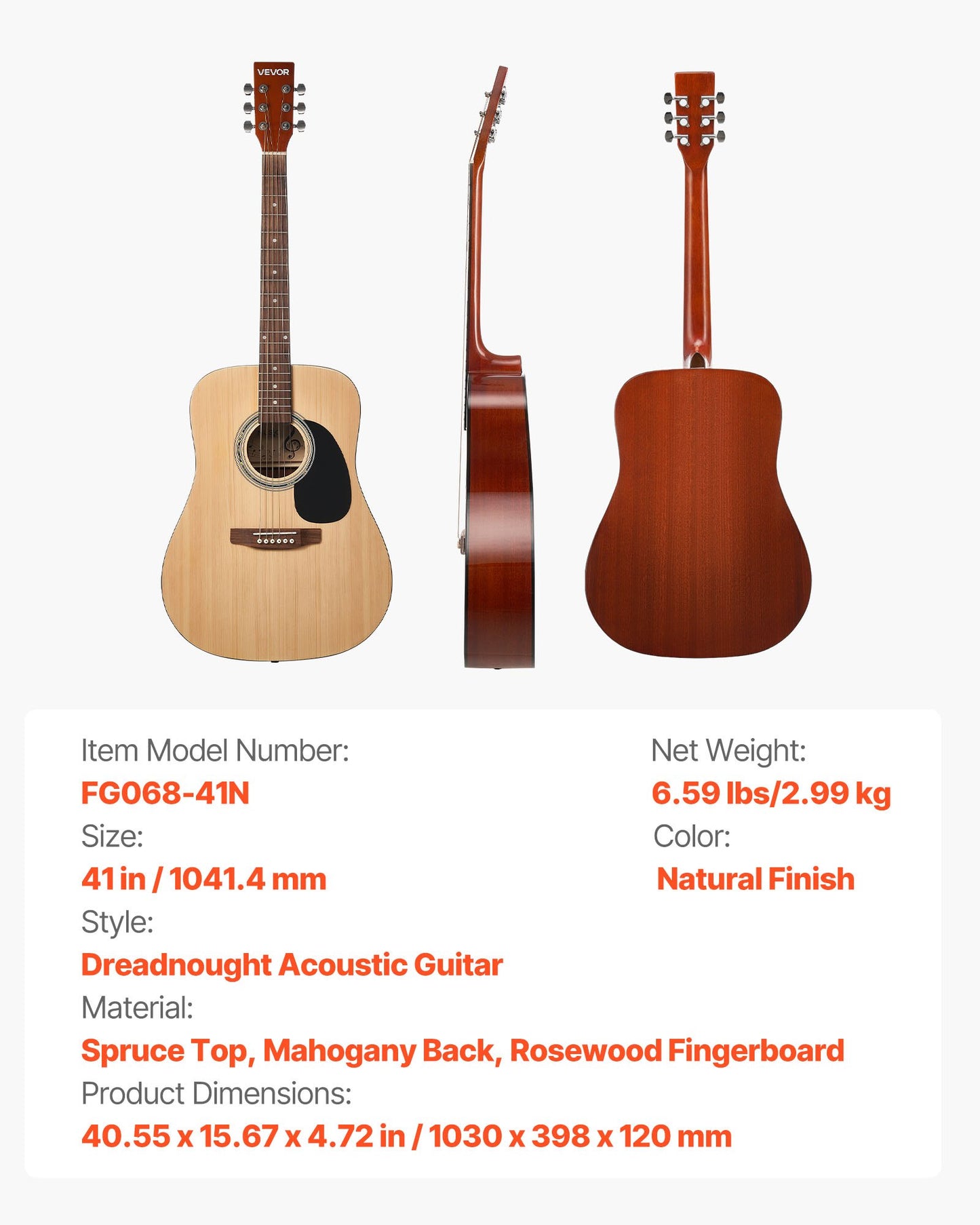 41 tum / 1041,4 mm Dreadnought Akustisk Gitarr Natural Nybörjarpaket Gigbag Vuxen