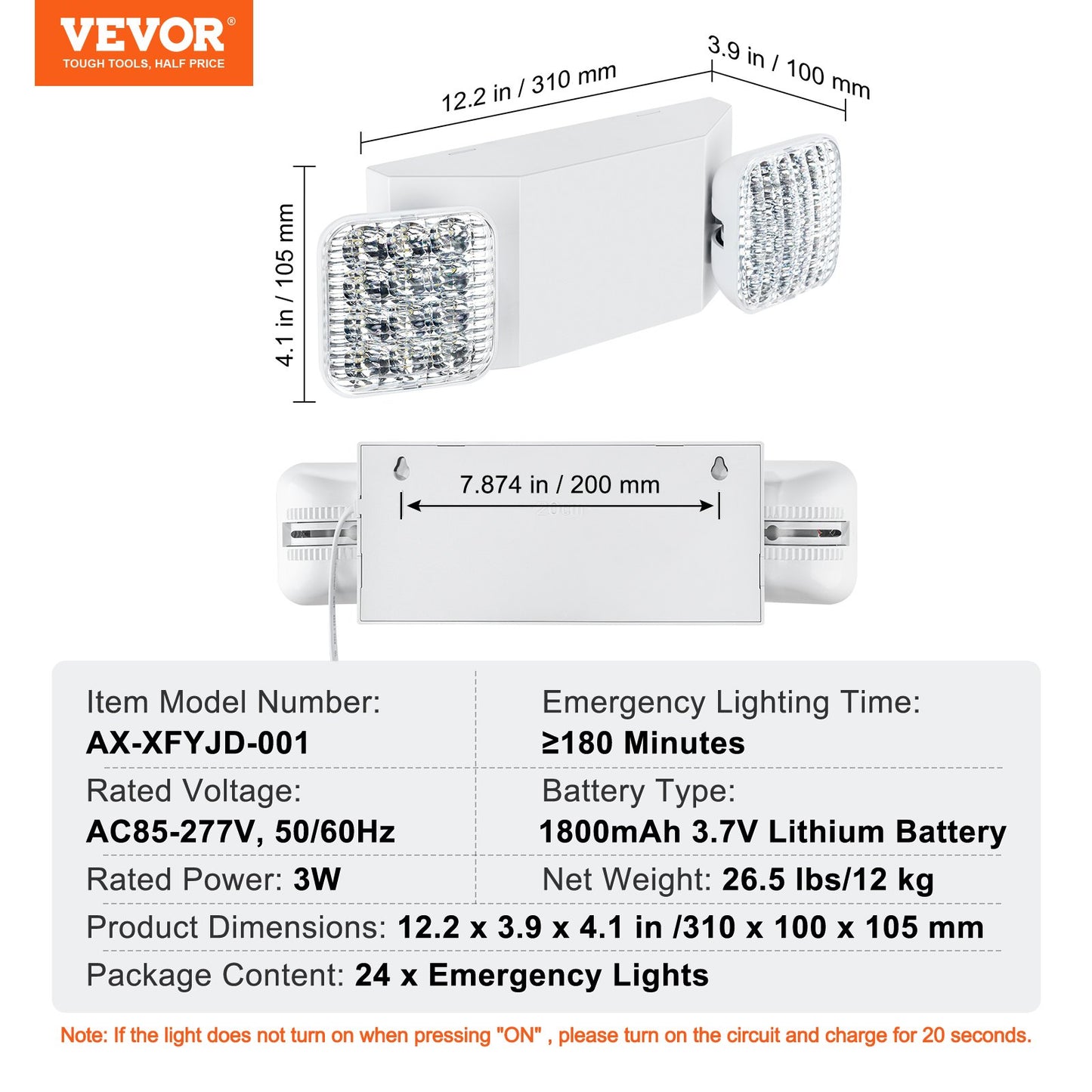 24-pack kommersiella nödbelysningsarmaturer, 3W, vita LED-nödutgångsbelysningsarmaturer med 180 minuters backupbatteri, justerbart fyrkantigt LED-huvud, tak- eller väggmontering för strömavbrott i företag
