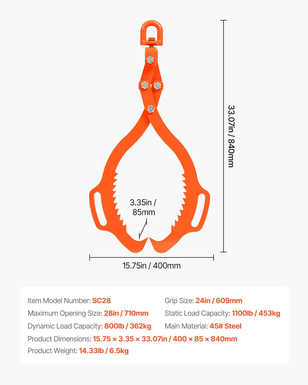 28-tums timmerlyfttång, timmertång med 2 klor, kraftig stålgrip, lyftkapacitet 1100 kg, svängbar timmergripare, Eagle Claw-design, timmersläptång för lastbilar, traktorer, gaffeltruckar