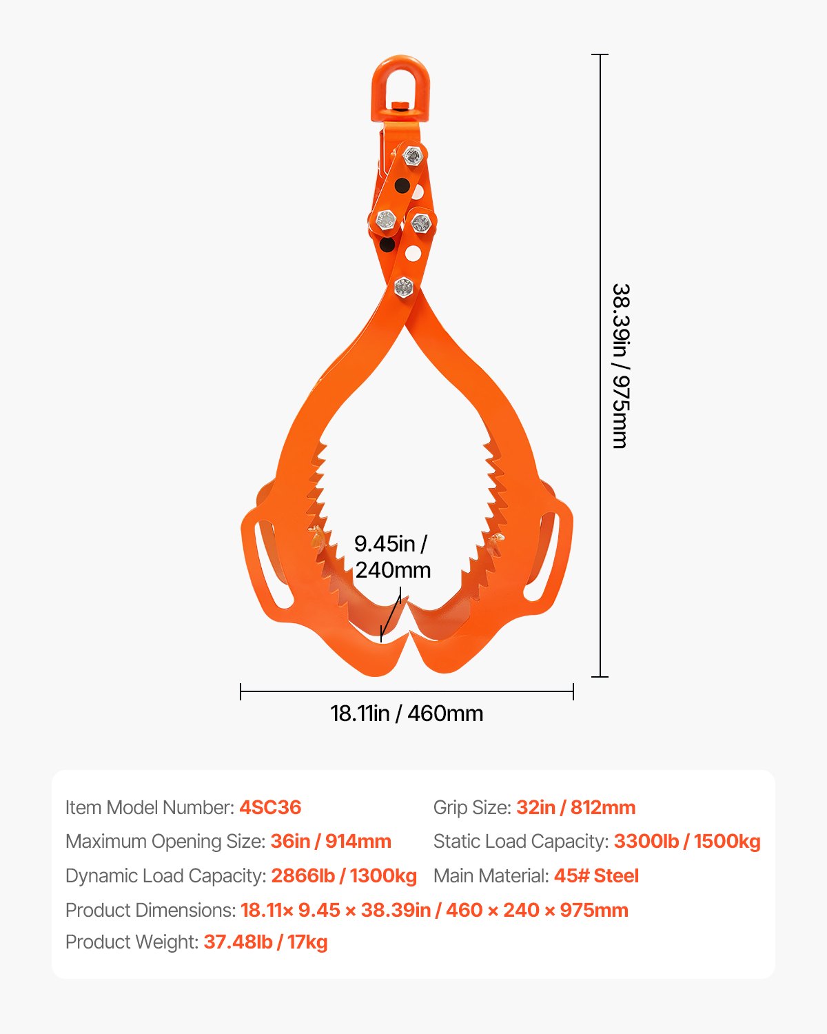 91 cm timmerlyfttång, timmertång med 4 klor, kraftig stålgrip, lyftkapacitet 1650 kg, svängbar timmergripare, Eagle Claw-design, timmersläptång för lastbilar, traktorer, gaffeltruckar