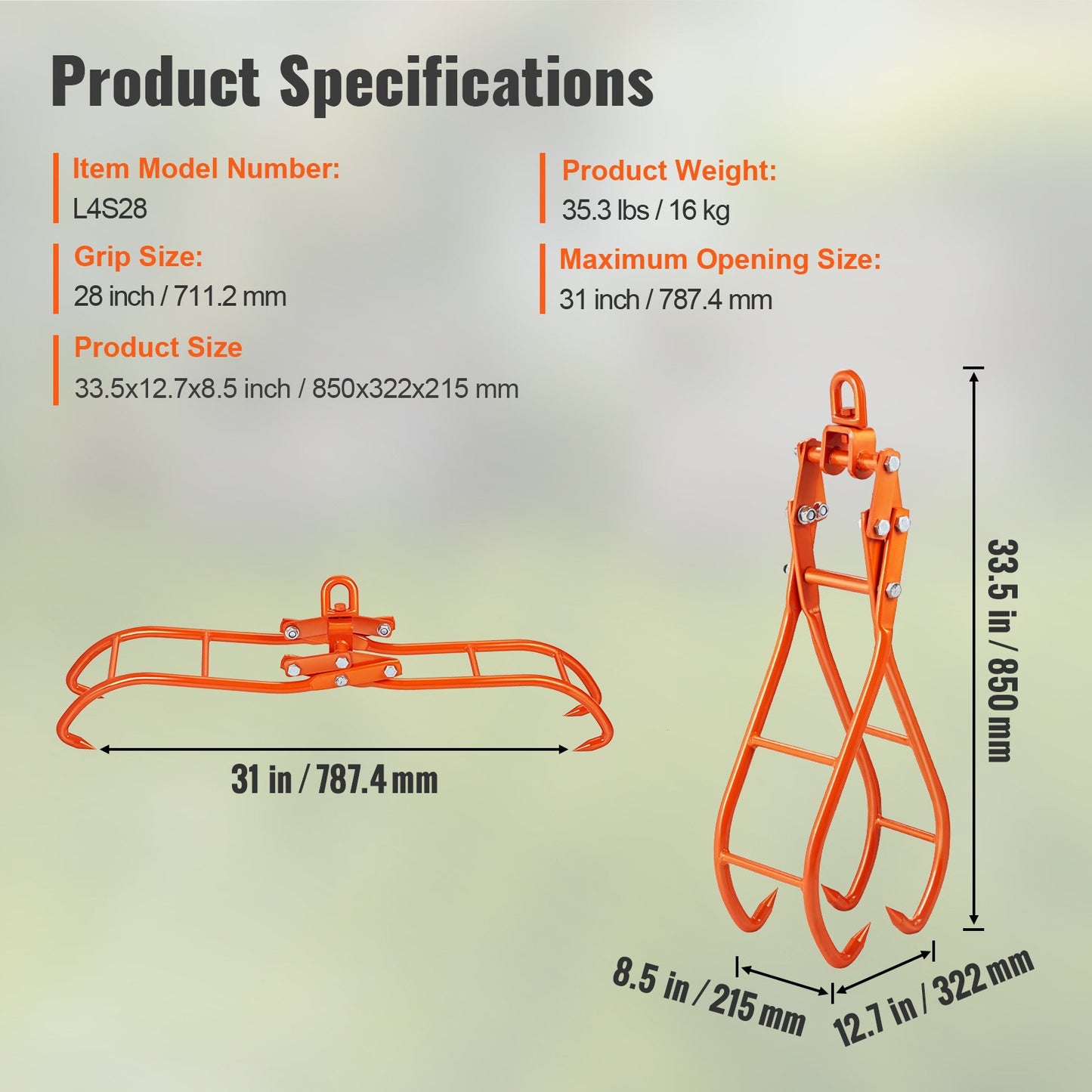 Timmerklokrok, 28 tums 4-klos stockgrip för timmertänger, svängbar stålstockningstänger, Eagle Claws-design med 2205 lbs/1000 kg lastkapacitet för traktorer, fyrhjulingar, lastbilar, gaffeltruckar