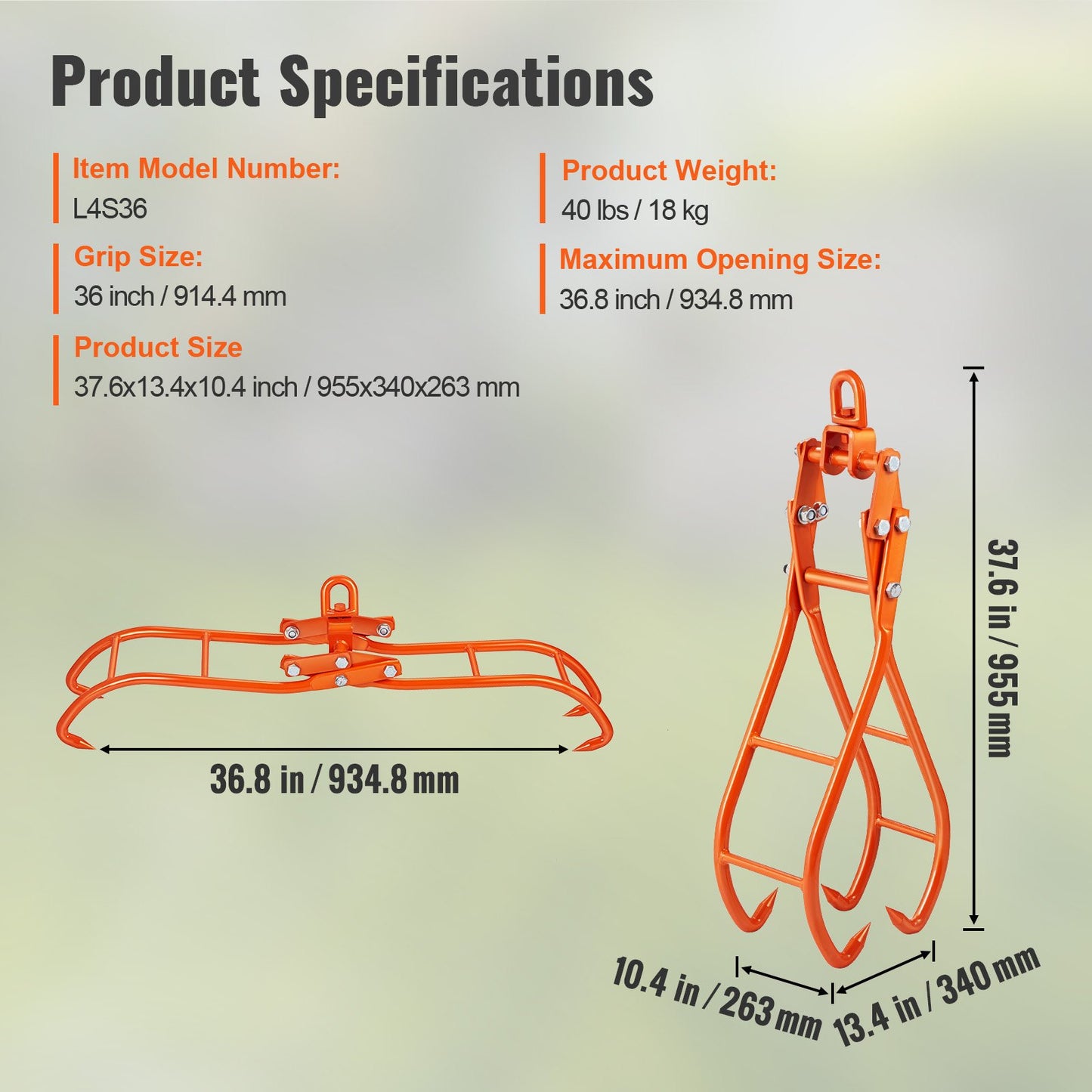 Timmerklokrok, 36 tums 4-klos stockgrip för timmertänger, svängbar stålstockningstänger, Eagle Claws-design med 3307 lbs/1500 kg lastkapacitet för traktorer, fyrhjulingar, lastbilar, gaffeltruckar