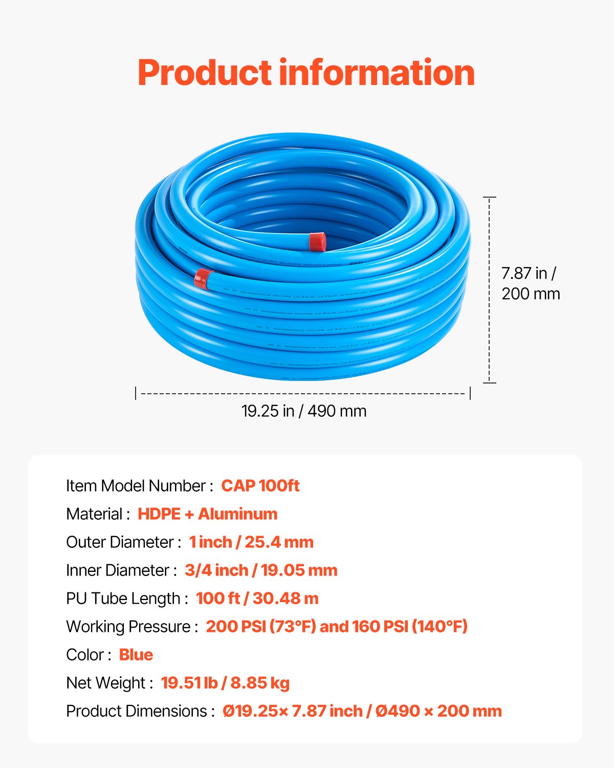 Luftkompressorledningssats, 100FT x 3/4", HDPE-aluminium tryckluftsrörssystem, läckagesäkert, tryckbeständigt och enkelt att installera, tryckluftsslangsats för garage och verkstäder, blå