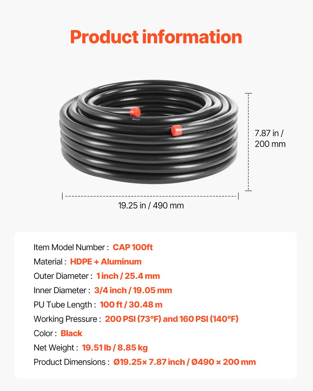 Luftkompressorledningssats, 100FT x 3/4", HDPE-aluminium tryckluftsrörssystem, läckagesäkert, tryckbeständigt och enkelt att installera, tryckluftsledningssats för garage, verkstäder, svart