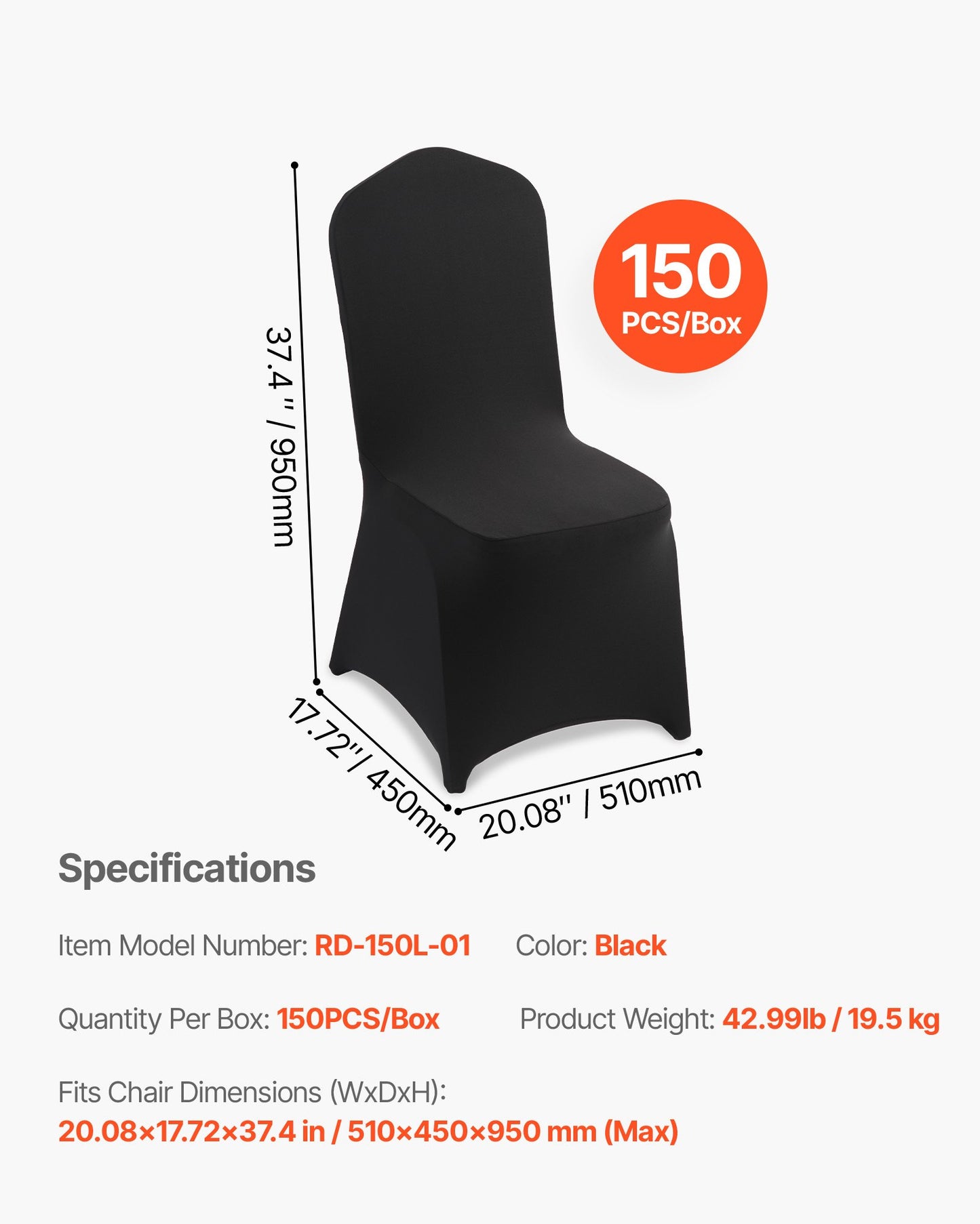 150 st svarta stolsöverdrag, polyester-spandex stolsöverdrag, stretchöverdrag för bröllopsfest, middag, bankett, platt front, passar stolsmått upp till 20,08 x 17,72 x 37,4 tum