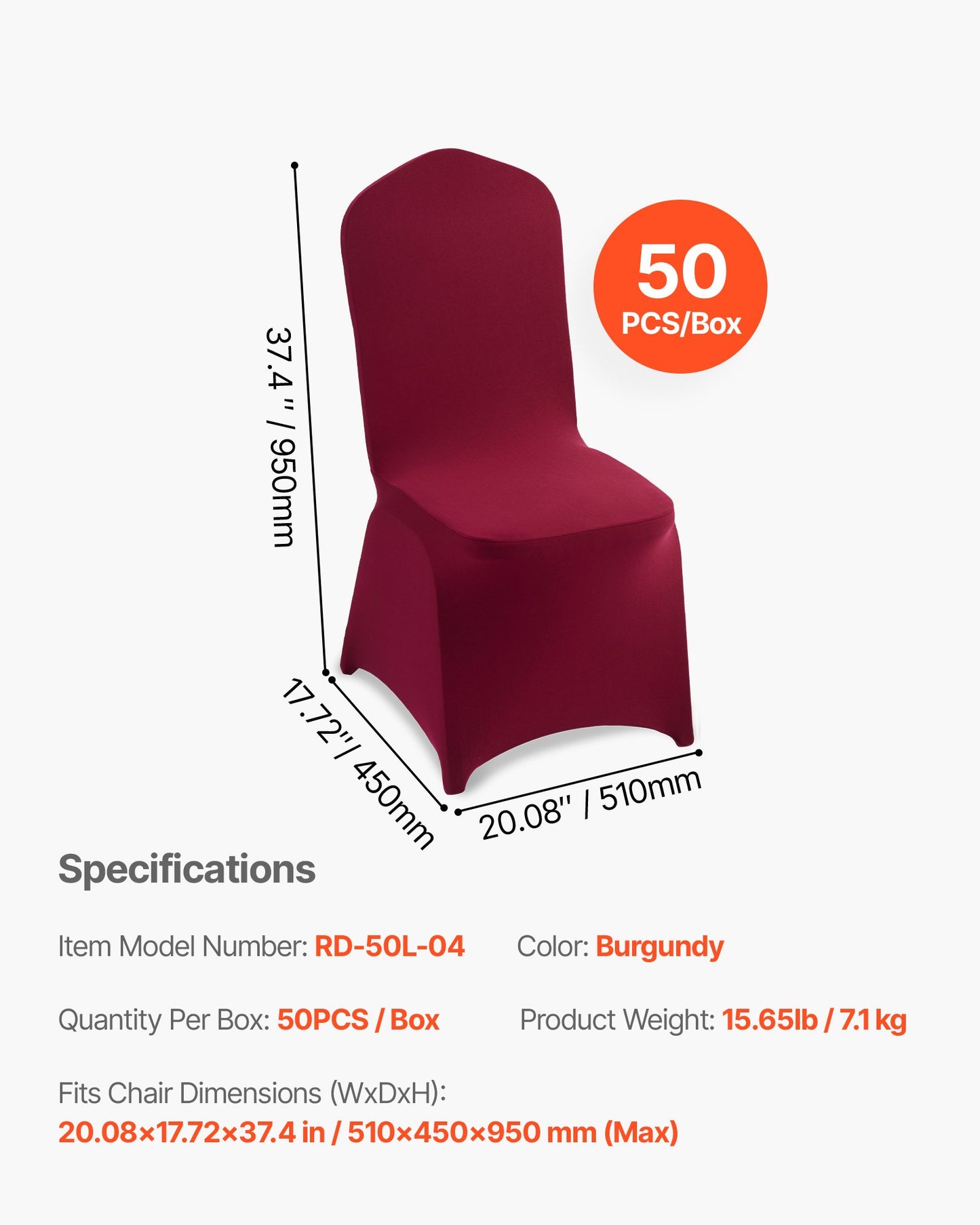 50 st. vinröda stolsöverdrag, polyester-spandex stolsöverdrag, stretchöverdrag för bröllopsfest, middag, bankett, platt front, passar stolsmått upp till 20,08 x 17,72 x 37,4 tum