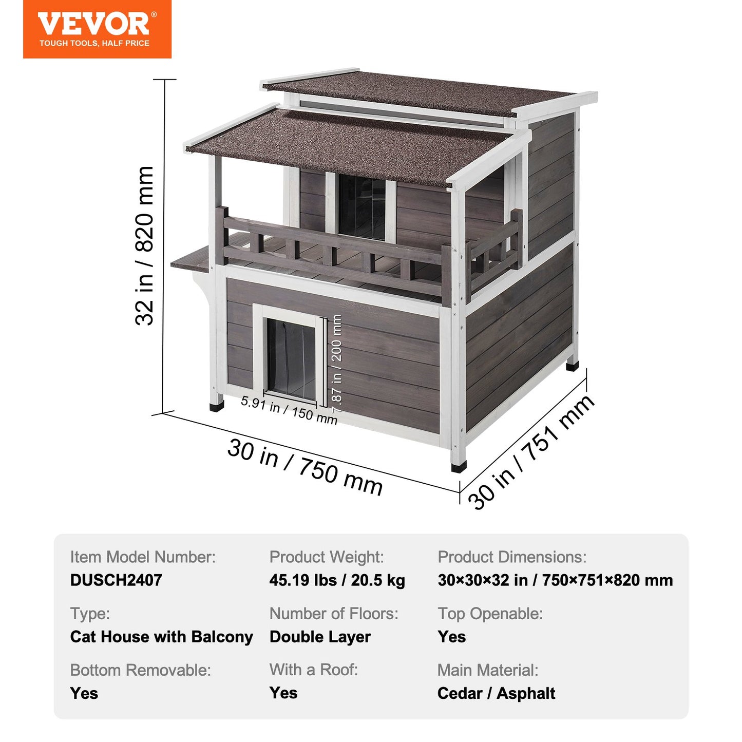 Väderbeständigt katthus för utomhusbruk, skydd för förvildade katter, stort utomhuskatthus i trä med två våningar, balkong, dörrar, PVC-dörrflikar och öppet tak, 76 cm L x 76 cm B x 81 cm H