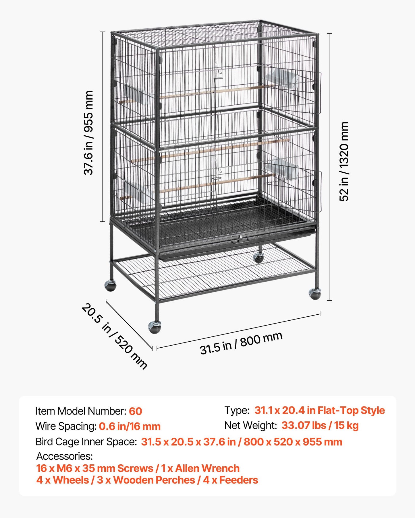 Bird Cage, 800 x 520 x 1320mm, Flat Top, Wrought Iron Bird Flight Cage with Perches, Slide-Out Tray and Plastic Feeders, Casters, for Parrot, Blue Tit, Cockatiel, Canary, and Monk Parakeet