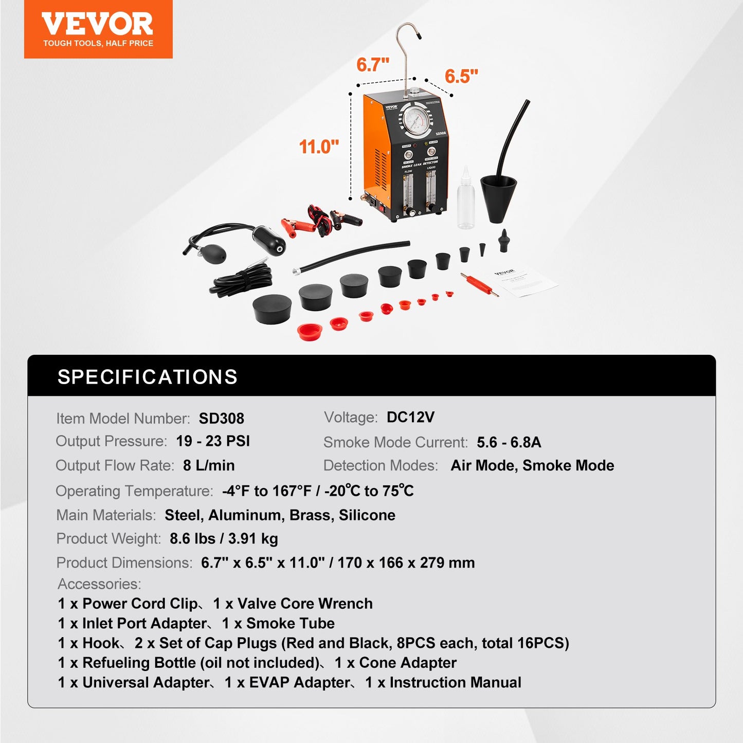 Läckagedetektor för bilrökmaskiner, läckagetestare för avdunstning av rökmaskiner med inbyggd luftpump, tryckmätare, oljenivå och flödesmätare, vakuumdiagnostisk detektor med 2 lägen för avdunstning av bränslerörssystem