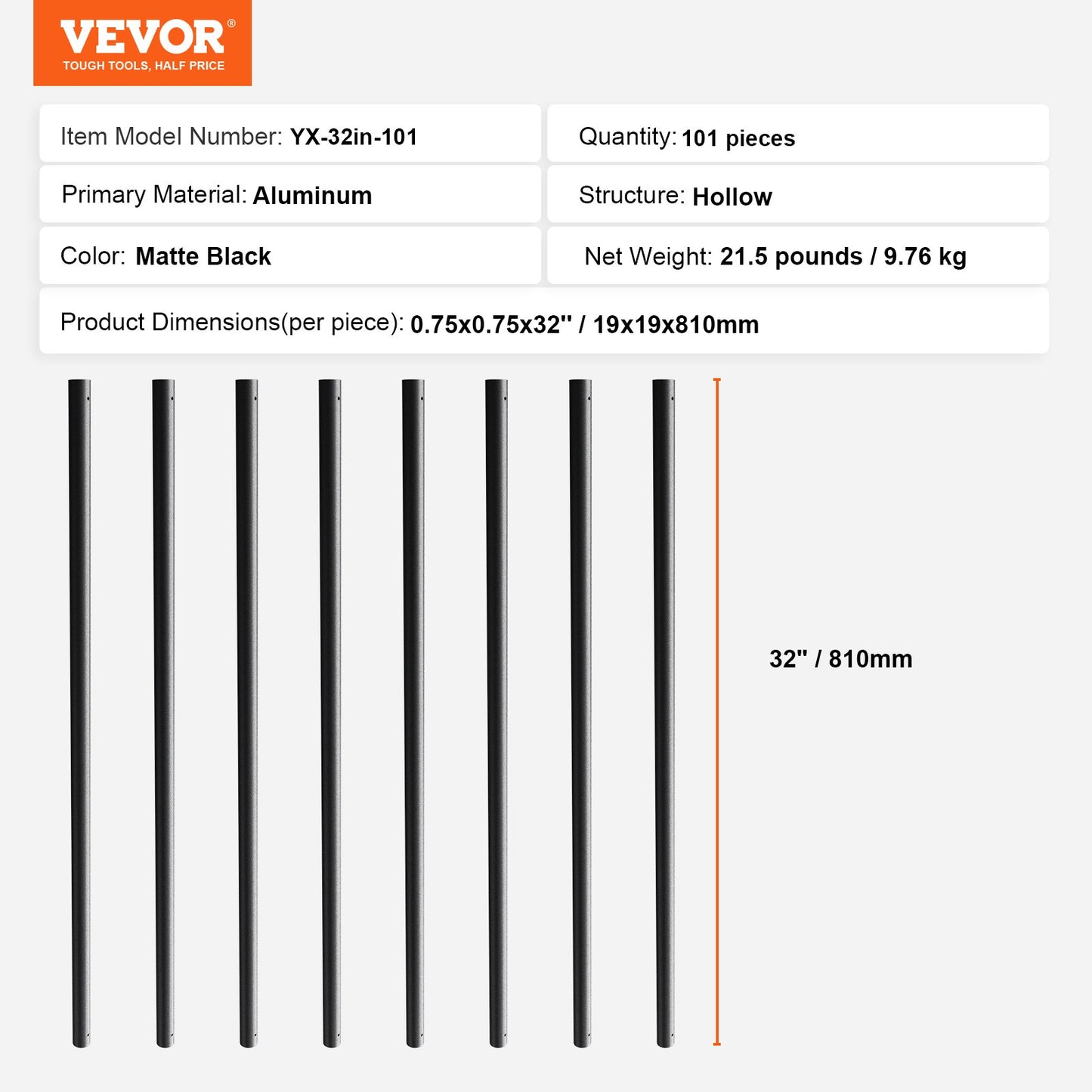 Metallbaluster för trappuppgång, 3/4'' runda x 32'' långa dekorativa aluminiumräckespindar, 101-pack däckbaluster med skruvar, klassiskt ihåligt däckräcke satinsvart pulverlackerat för veranda
