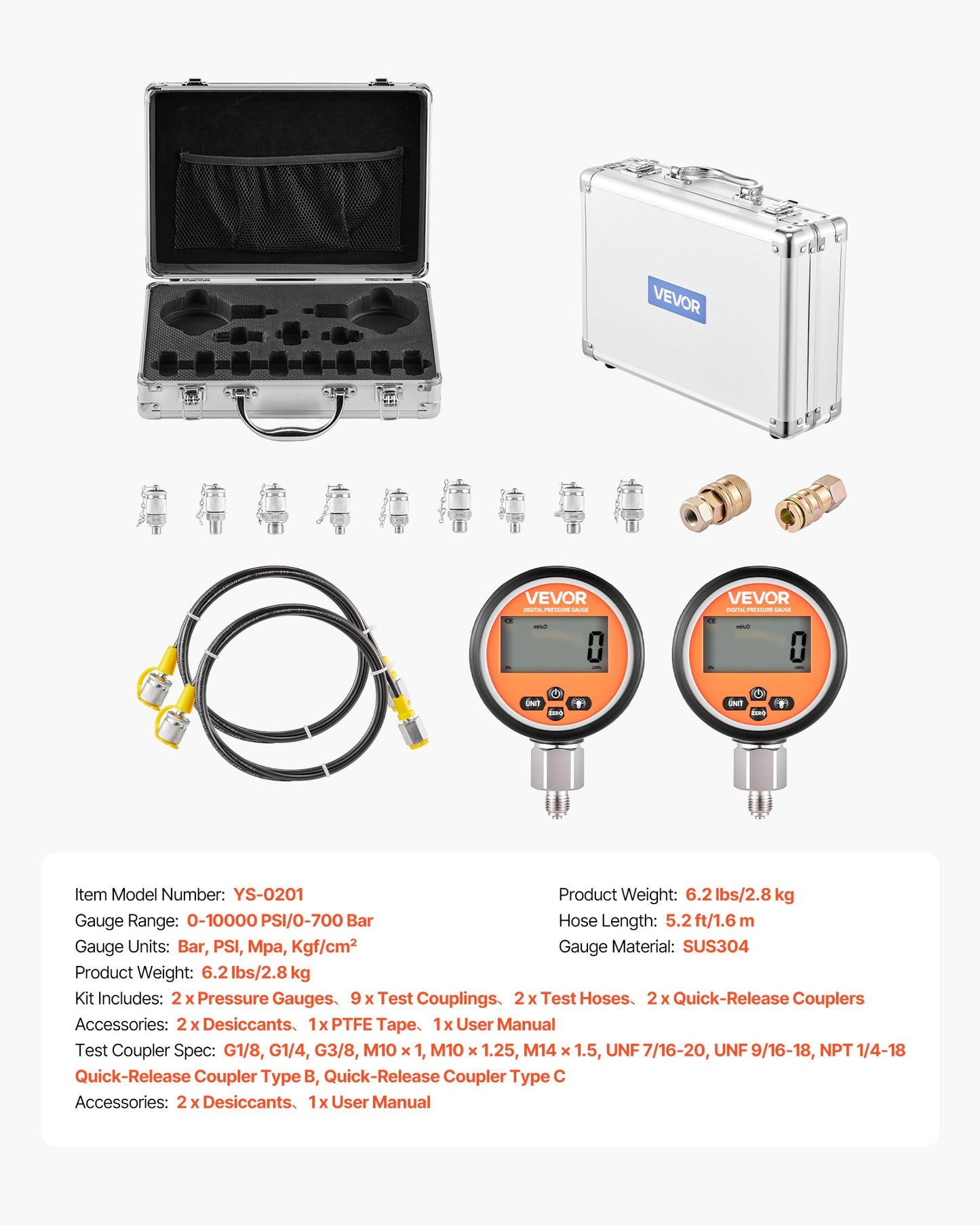 Digital Hydraulic Pressure Test Coupling Kit, 700 Bar Pressure Gauge Manometer Tester with 2 Gauges, 9 Test Couplings, 2 Quick-Release Couplers, 2 Hoses for Excavator Construction Machinery