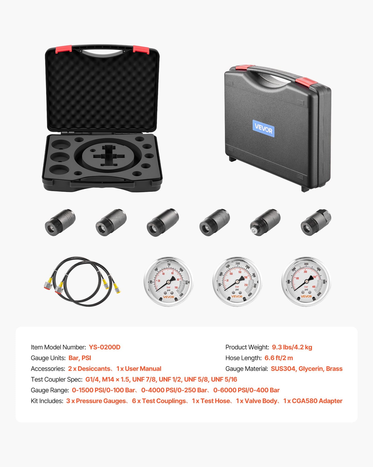 Hydraulisk kväveackumulatorladdningssats, allt-i-ett kvävepåfyllningssats, trycktestsystem med 3 mätare (100, 250, 400 bar), 6 adaptrar och kopplingar, 1 gasslang, 1 ventil, 1 CGA580-adapter