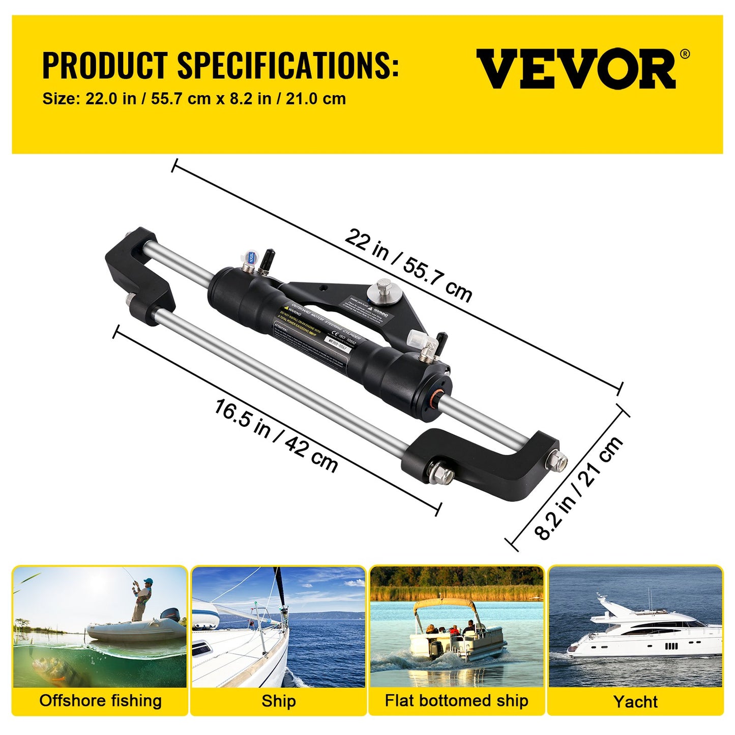 Hydraulic Steering Cylinder 300HP, Hydraulic Steering Front Mount Hydraulic Outboard Marine Steering Kit Without Hydraulic Hose and Helm for Outboards Boat Steering System